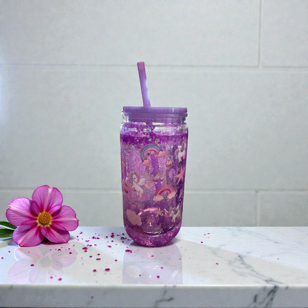 Purple Glitter Tumbler with Straw, Unicorn Rainbow Design, Mason Jar Style Cup with Lid