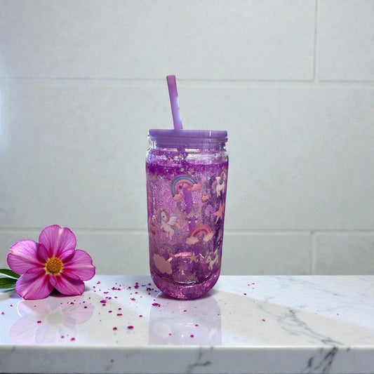 Purple Glitter Tumbler with Straw, Unicorn Rainbow Design, Mason Jar Style Cup with Lid