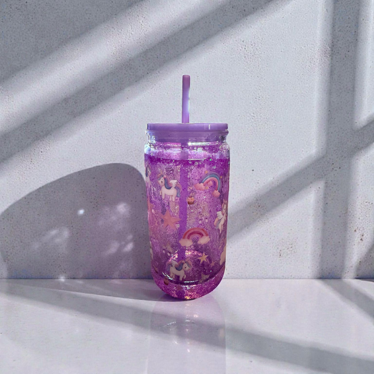 Purple Glitter Tumbler with Straw, Unicorn Rainbow Design, Mason Jar Style Cup with Lid