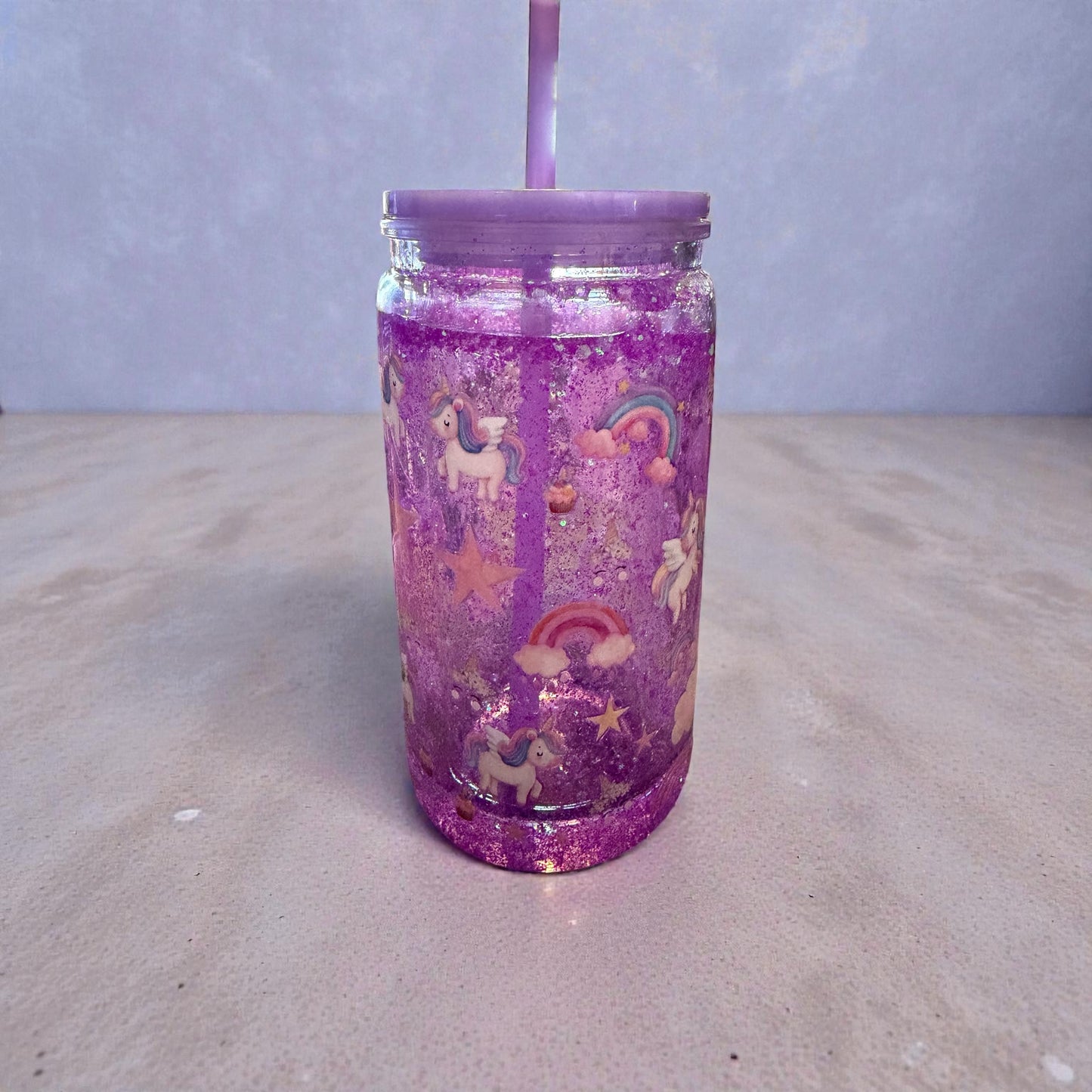 Purple Glitter Tumbler with Straw, Unicorn Rainbow Design, Mason Jar Style Cup with Lid