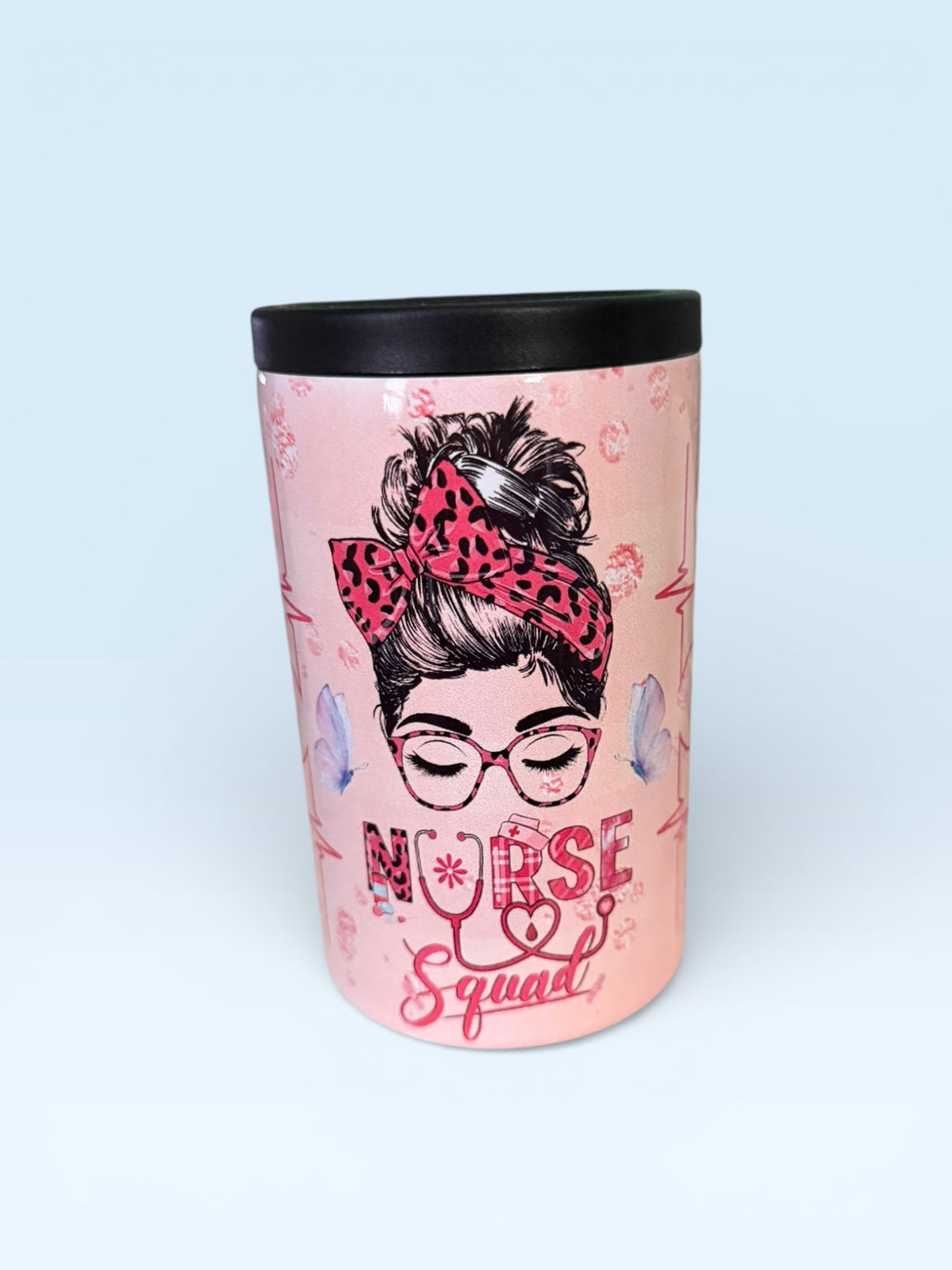 Nurse Squad Insulated Can Cooler, Pink with Messy Bun Girl Design, Stainless Steel Beverage Holder with Black Rim