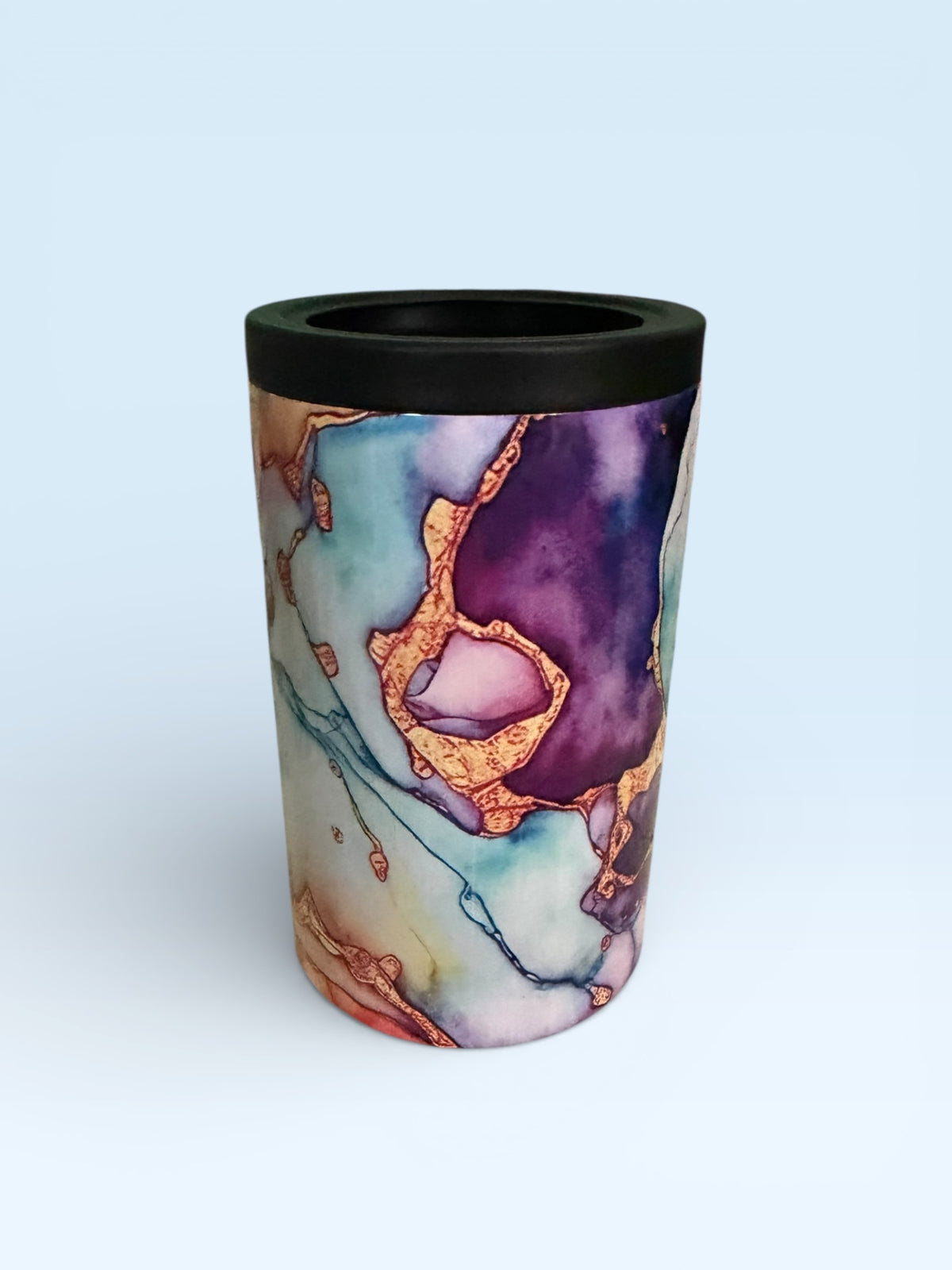 Insulated Can Cooler, Abstract Watercolor Marble Design with Purple Blue Gold Accents