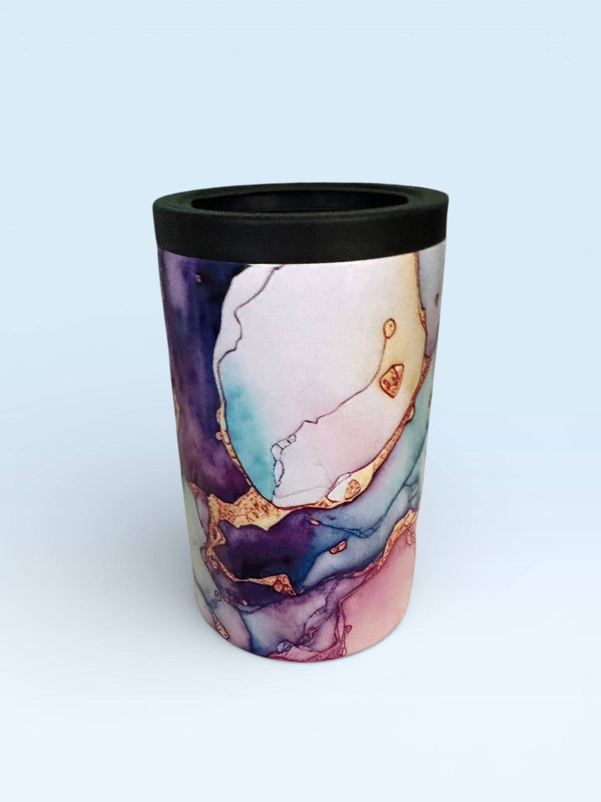 Insulated Can Cooler, Abstract Watercolor Marble Design with Purple Blue Gold Accents