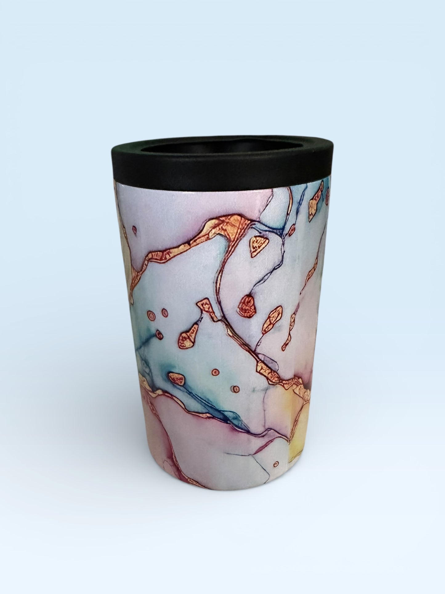 Insulated Can Cooler, Abstract Watercolor Marble Design with Purple Blue Gold Accents