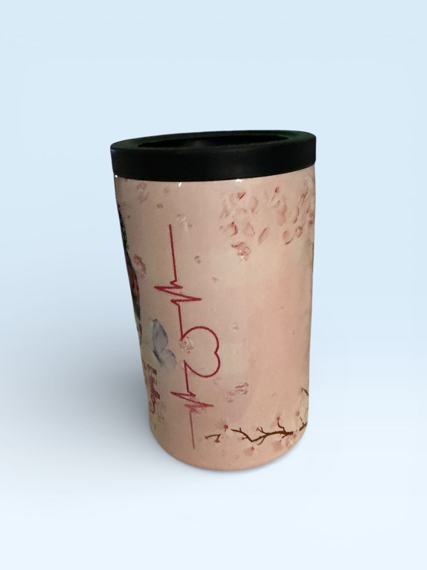 Nurse Squad Insulated Can Cooler, Pink with Messy Bun Girl Design, Stainless Steel Beverage Holder with Black Rim
