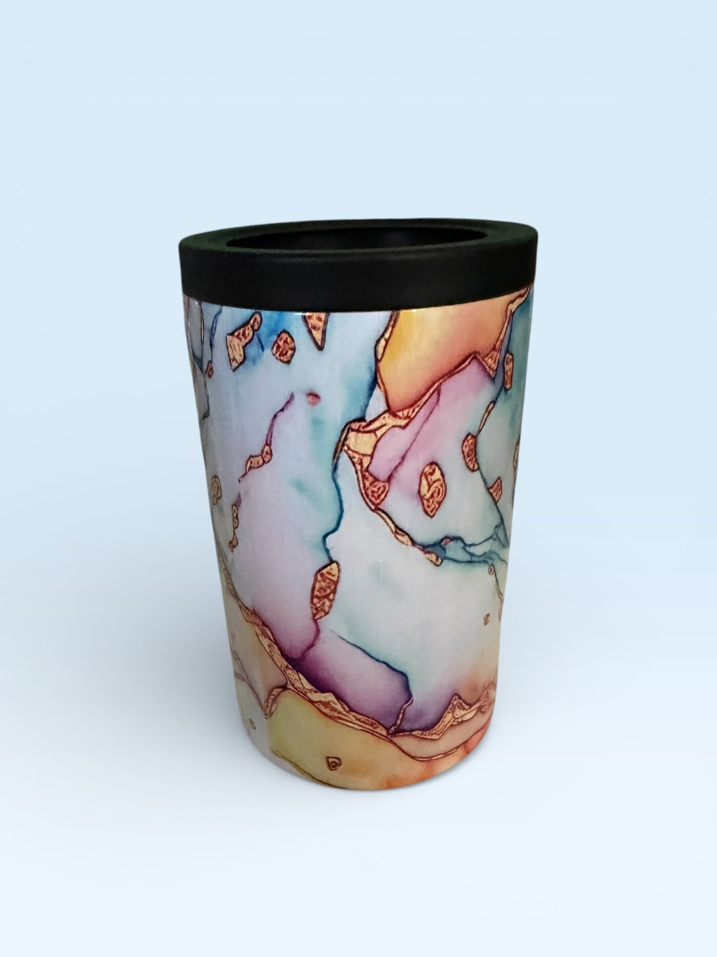 Insulated Can Cooler, Abstract Watercolor Marble Design with Purple Blue Gold Accents