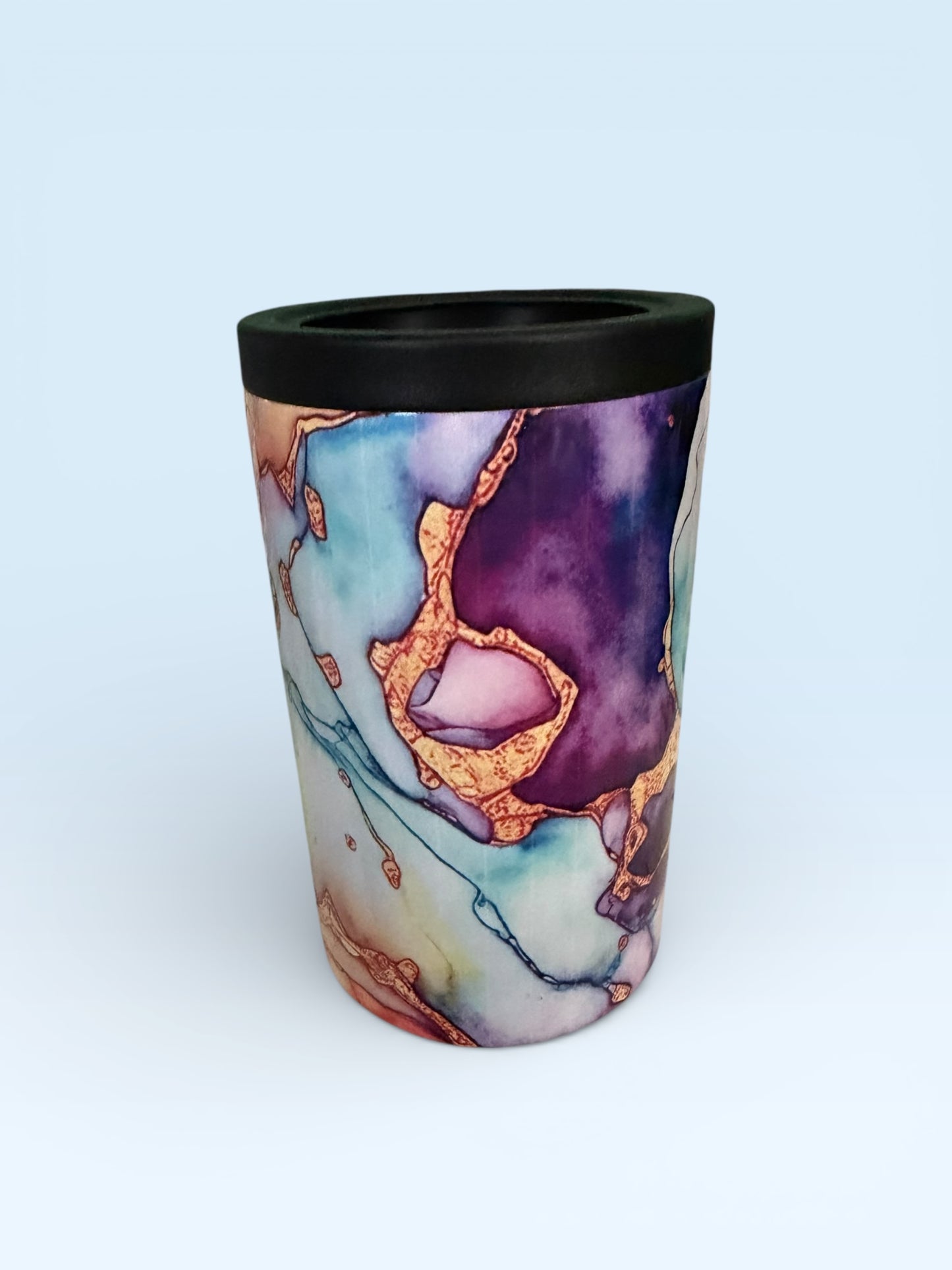 Insulated Can Cooler, Abstract Watercolor Marble Design with Purple Blue Gold Accents