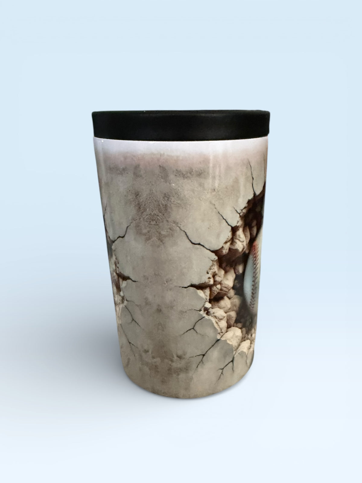 Baseball Cracked Wall Design Can Cooler with Black Rim, Sports Theme Beverage Insulator