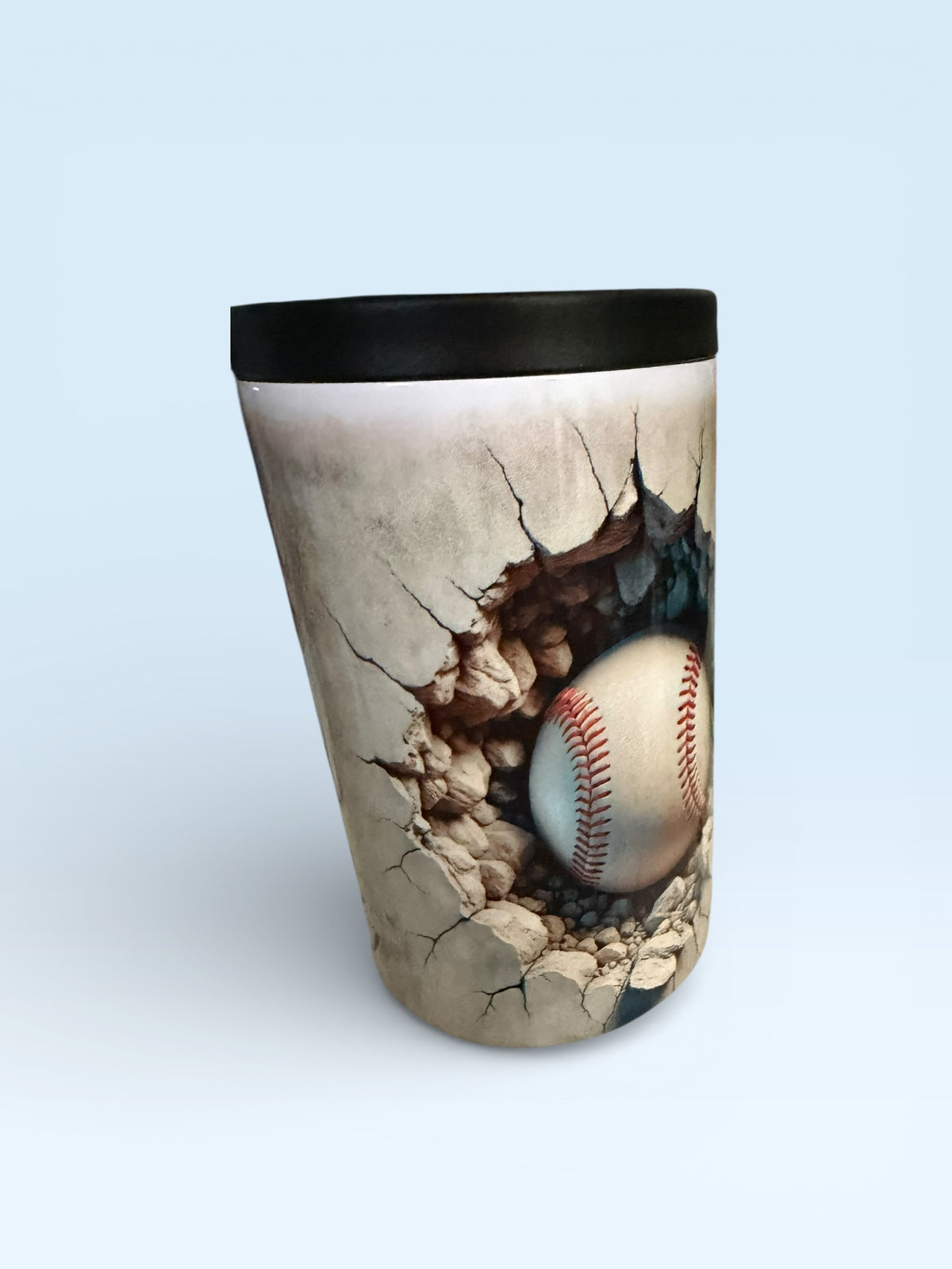 Baseball Cracked Wall Design Can Cooler with Black Rim, Sports Theme Beverage Insulator