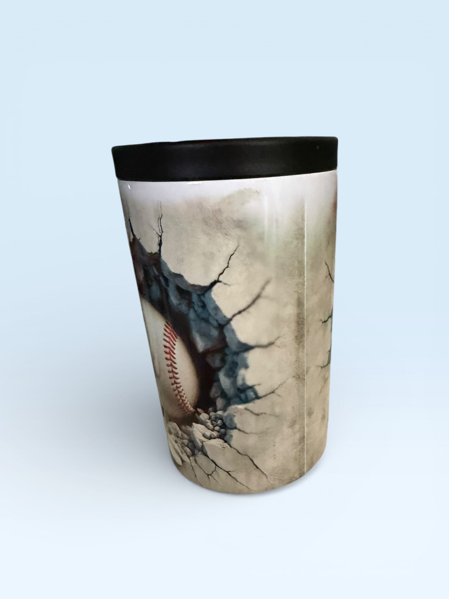 Baseball Cracked Wall Design Can Cooler with Black Rim, Sports Theme Beverage Insulator