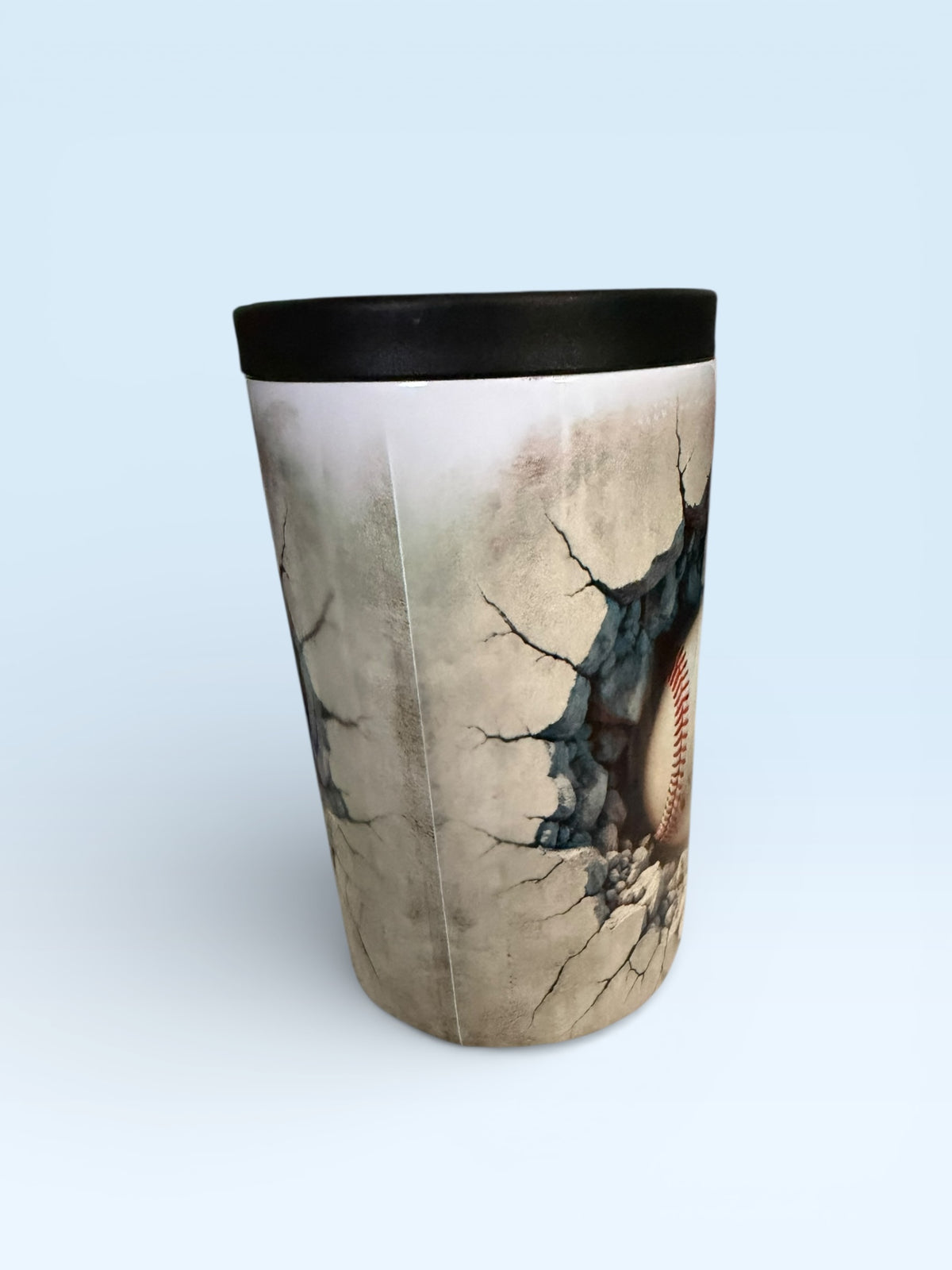 Baseball Cracked Wall Design Can Cooler with Black Rim, Sports Theme Beverage Insulator