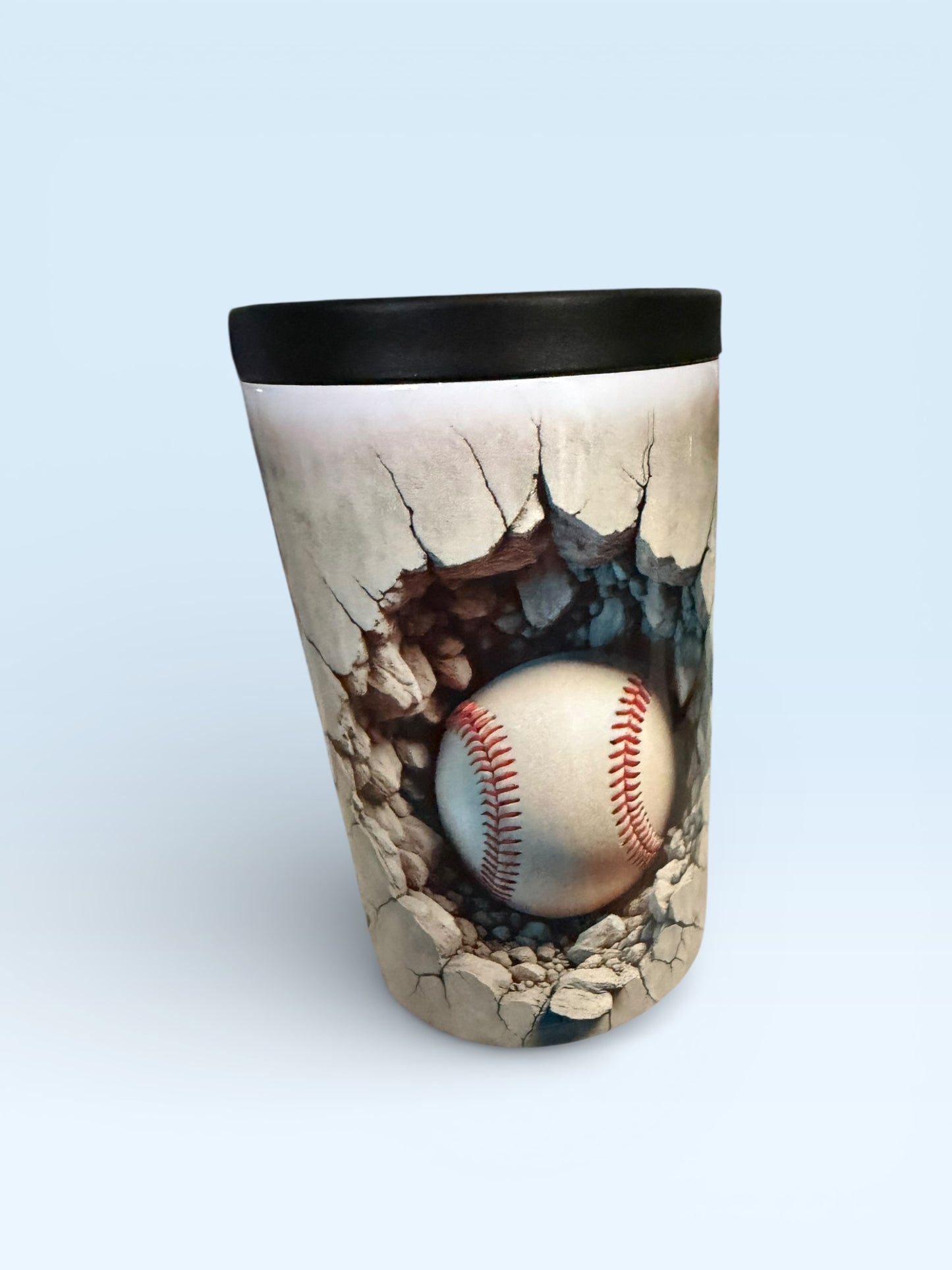 Baseball Cracked Wall Design Can Cooler with Black Rim, Sports Theme Beverage Insulator