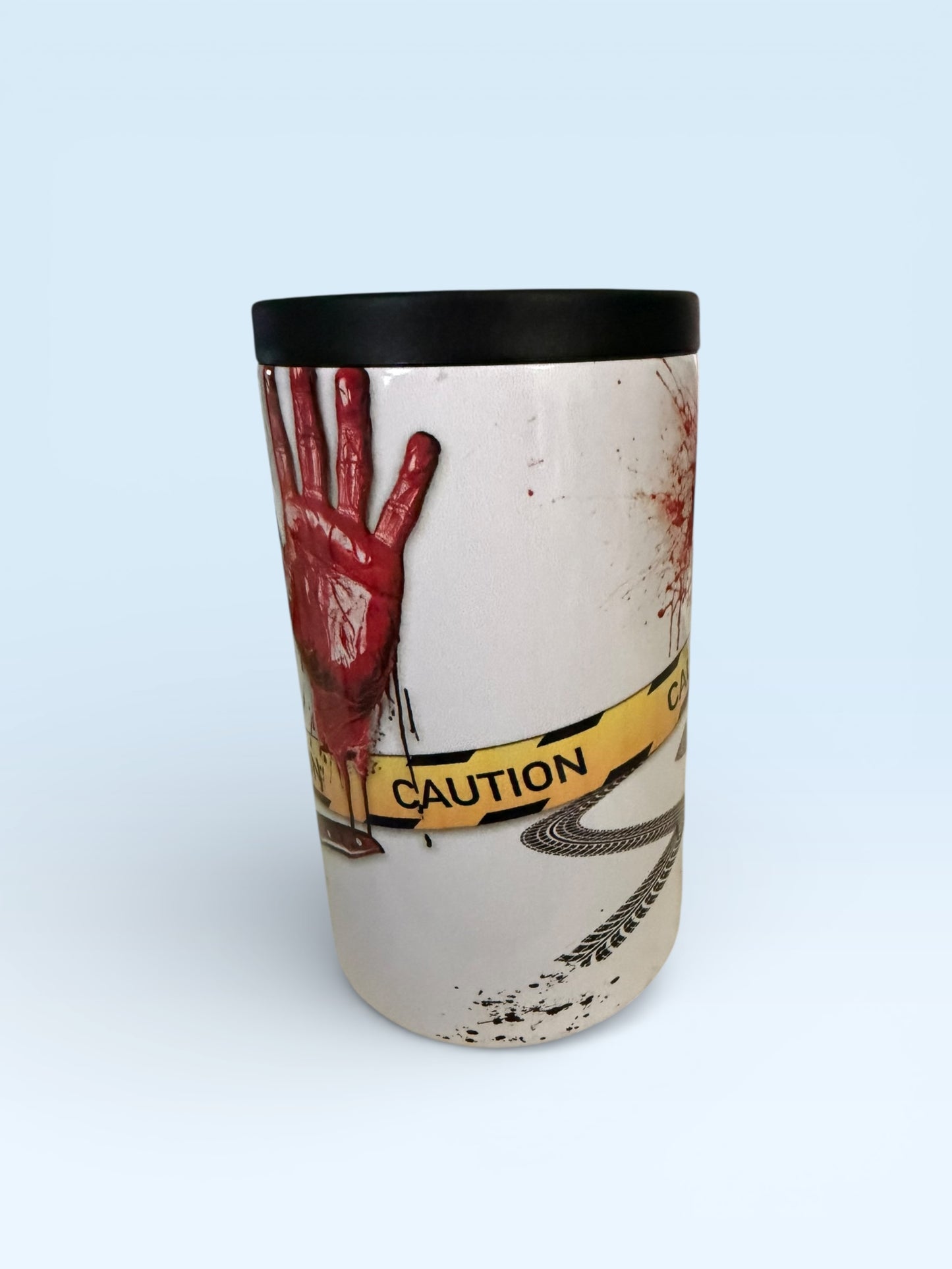Horror Crime Scene Can Cooler with Bloody Handprint and Caution Tape Design