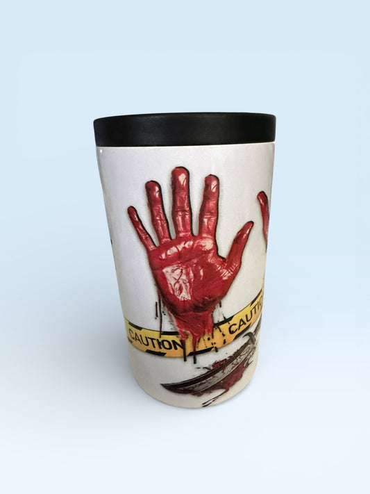 Horror Crime Scene Can Cooler with Bloody Handprint and Caution Tape Design