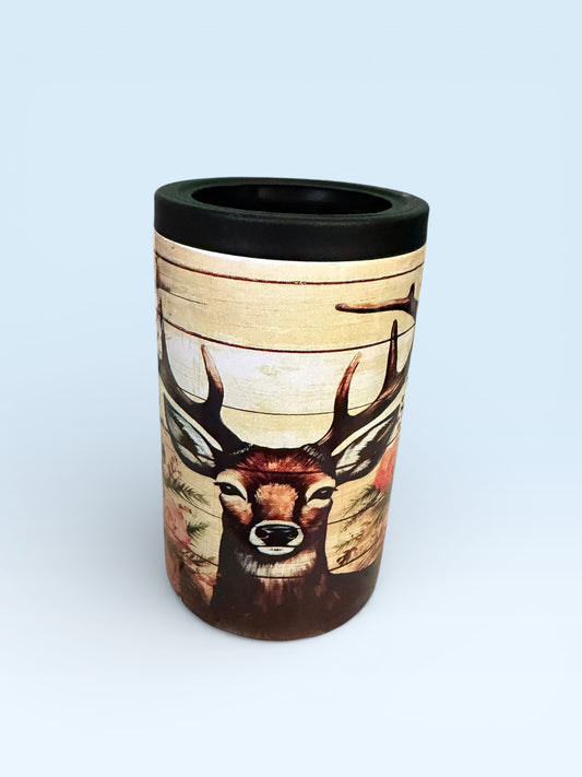 Rustic Deer and Floral Design Can Cooler, Insulated Beverage Holder with Wood Grain Pattern