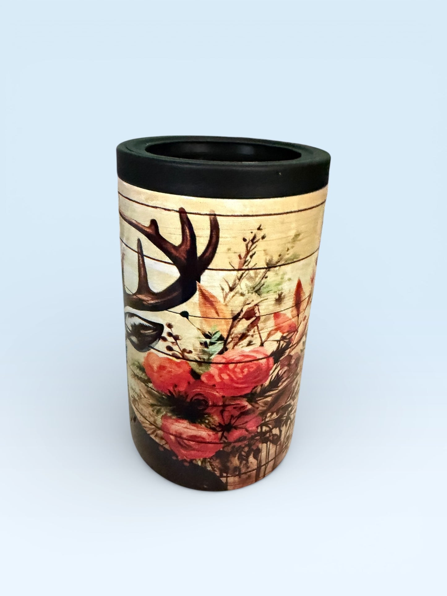 Rustic Deer and Floral Design Can Cooler, Insulated Beverage Holder with Wood Grain Pattern