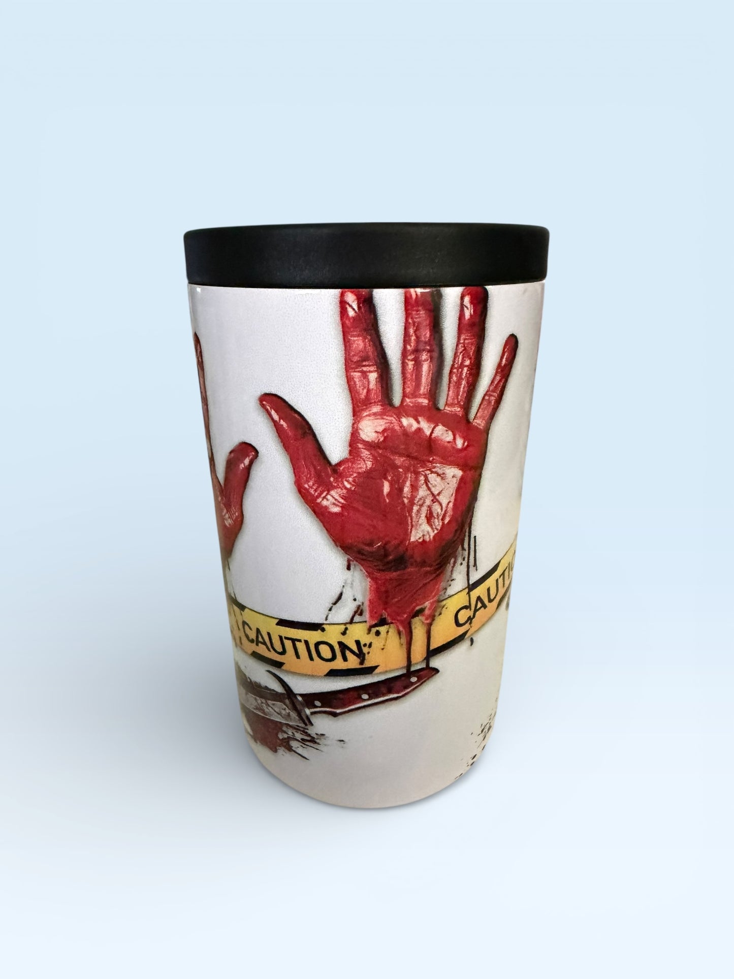 Horror Crime Scene Can Cooler with Bloody Handprint and Caution Tape Design