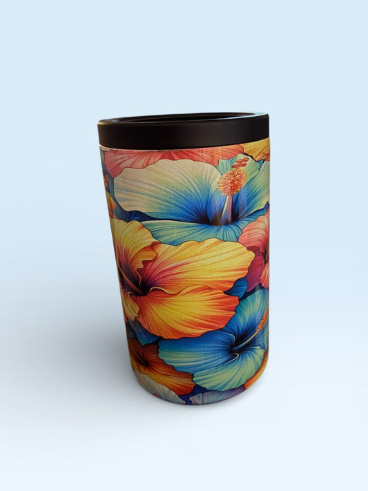 Tropical Hibiscus Floral Print, Colorful Hawaiian Design, Stainless Steel Can Cooler