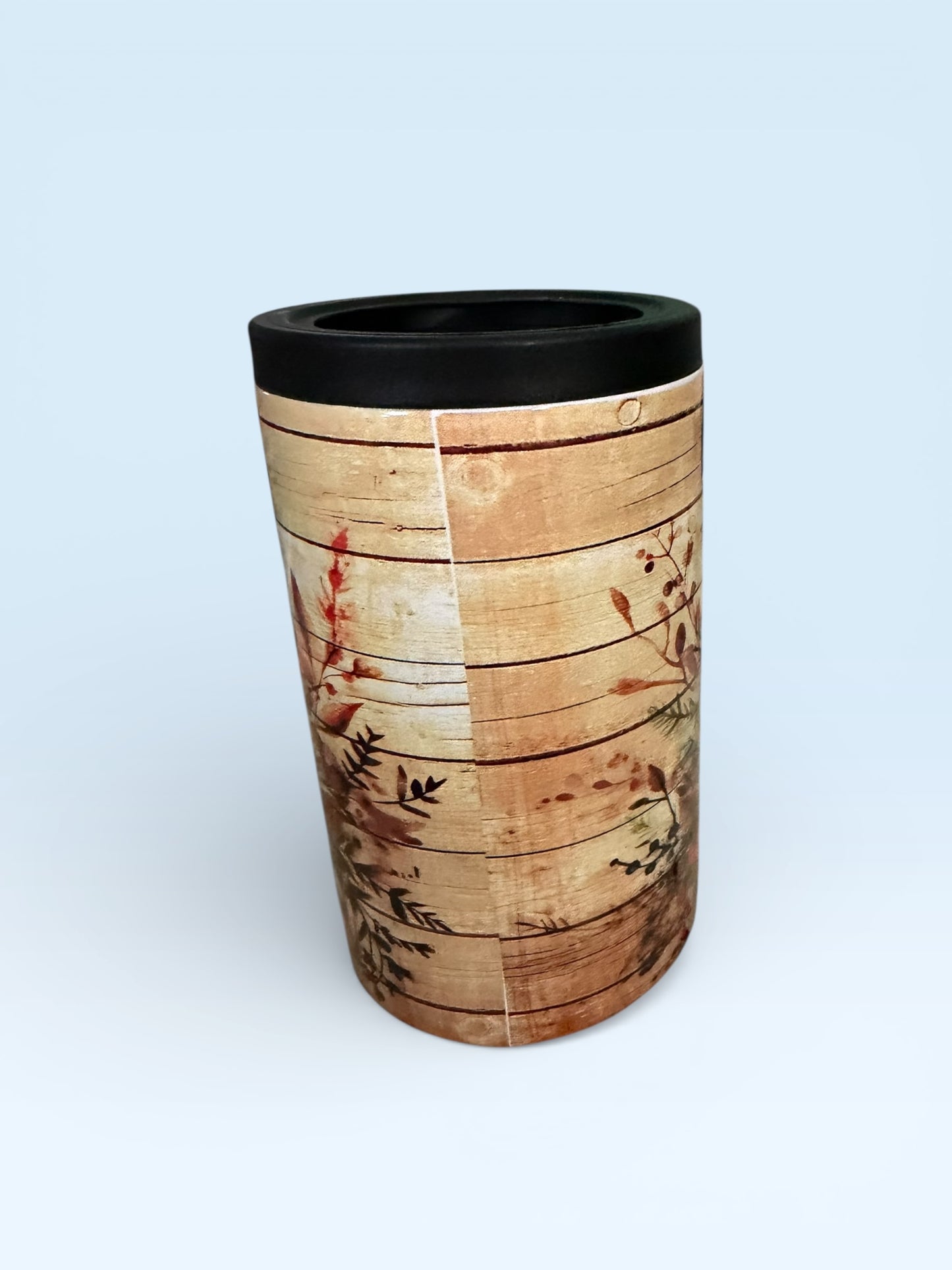 Rustic Deer and Floral Design Can Cooler, Insulated Beverage Holder with Wood Grain Pattern