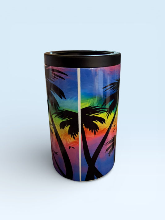 Insulated Can Cooler with Tropical Palm Tree Sunset Design, Rainbow Gradient, Stainless Steel Beverage Holder