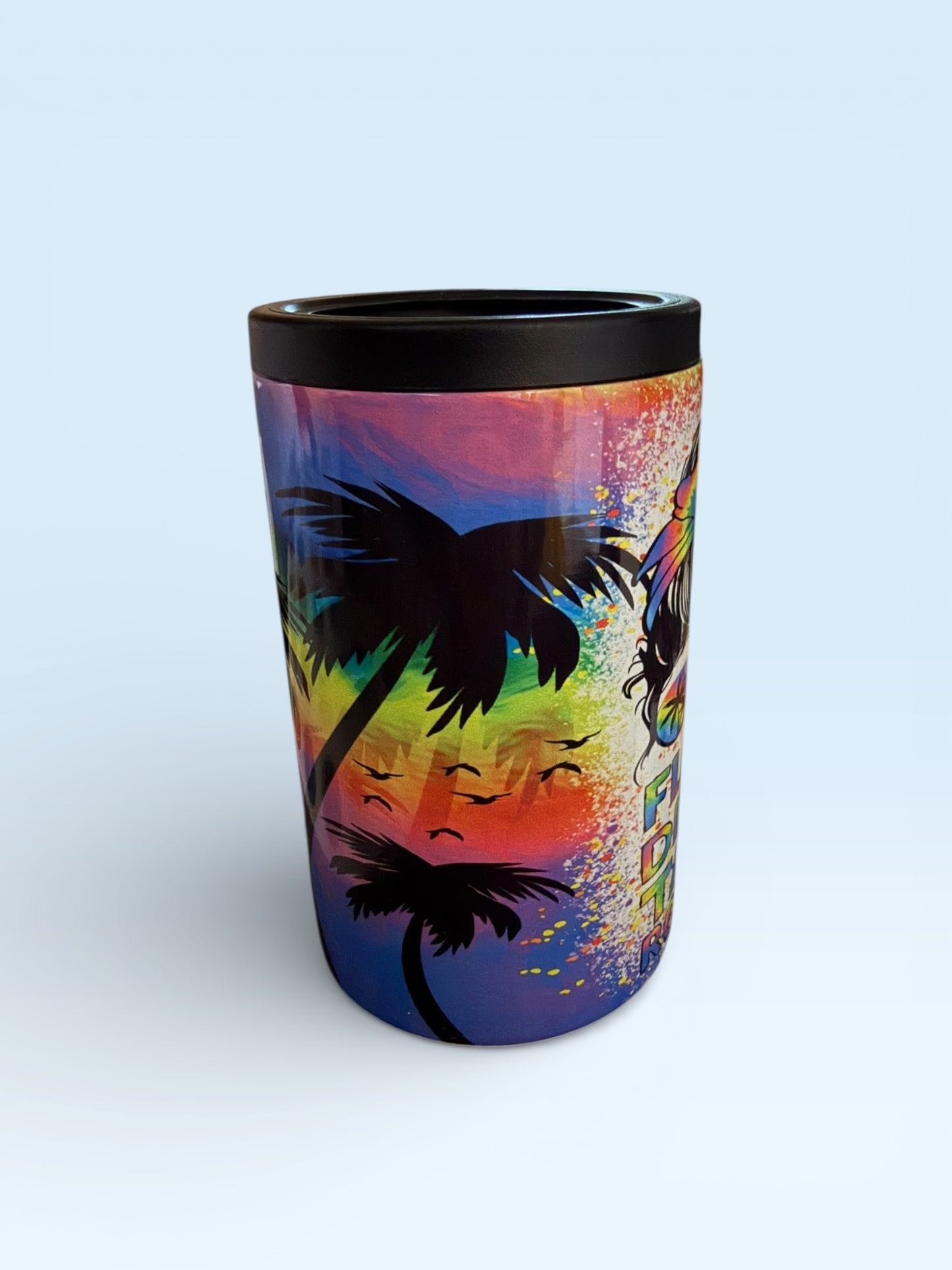 Insulated Can Cooler with Tropical Palm Tree Sunset Design, Rainbow Gradient, Stainless Steel Beverage Holder