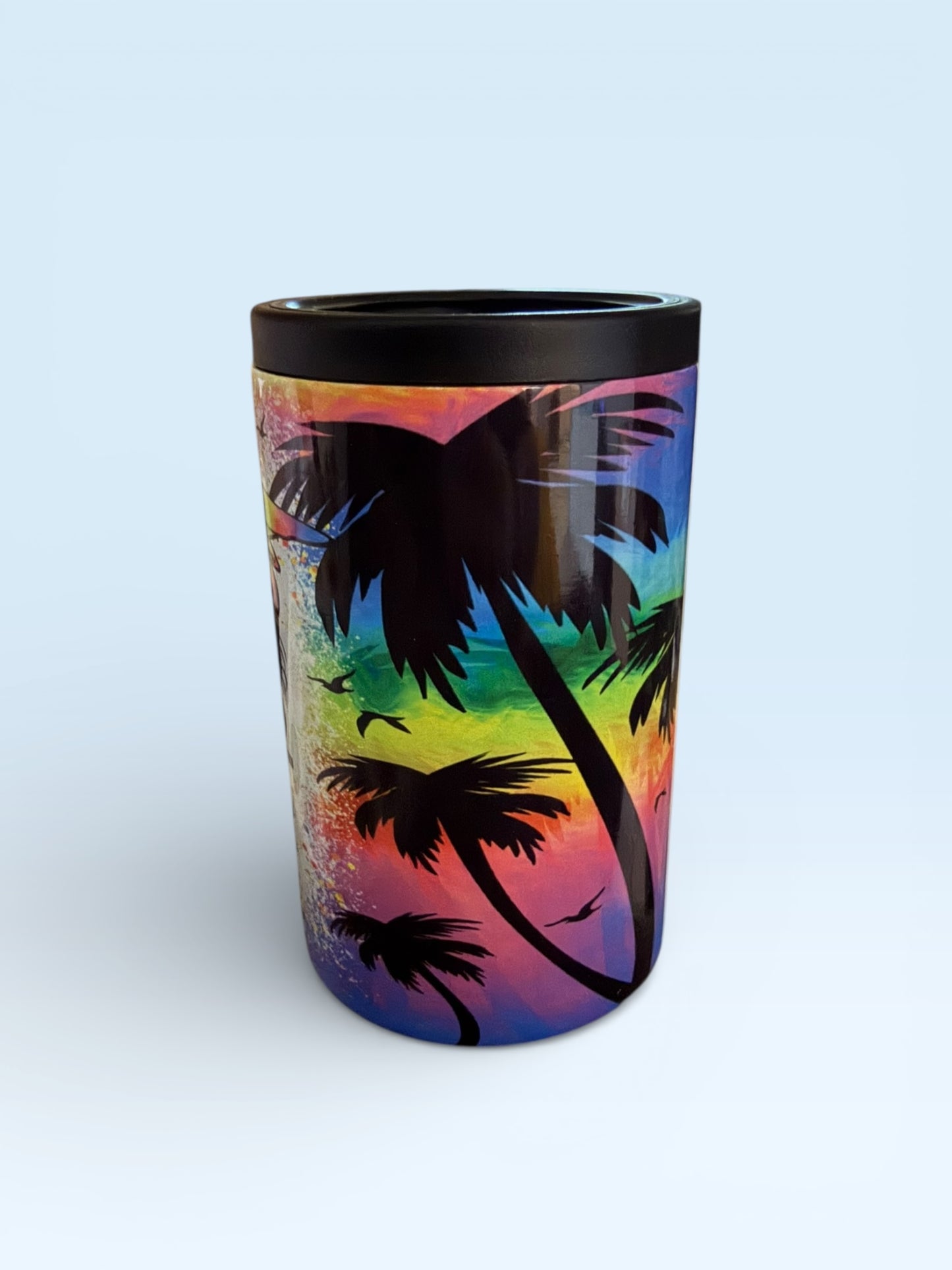 Insulated Can Cooler with Tropical Palm Tree Sunset Design, Rainbow Gradient, Stainless Steel Beverage Holder
