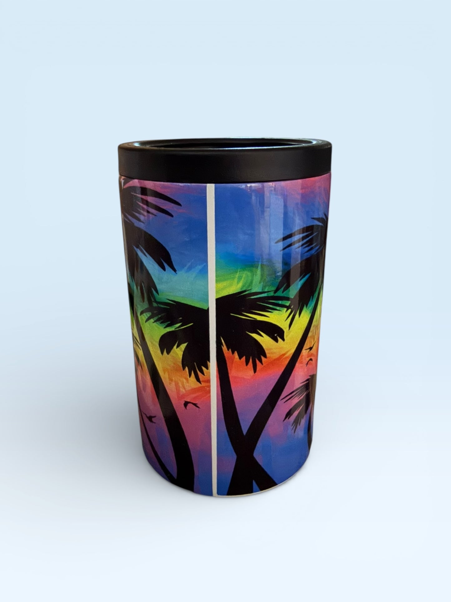 Insulated Can Cooler with Tropical Palm Tree Sunset Design, Rainbow Gradient, Stainless Steel Beverage Holder
