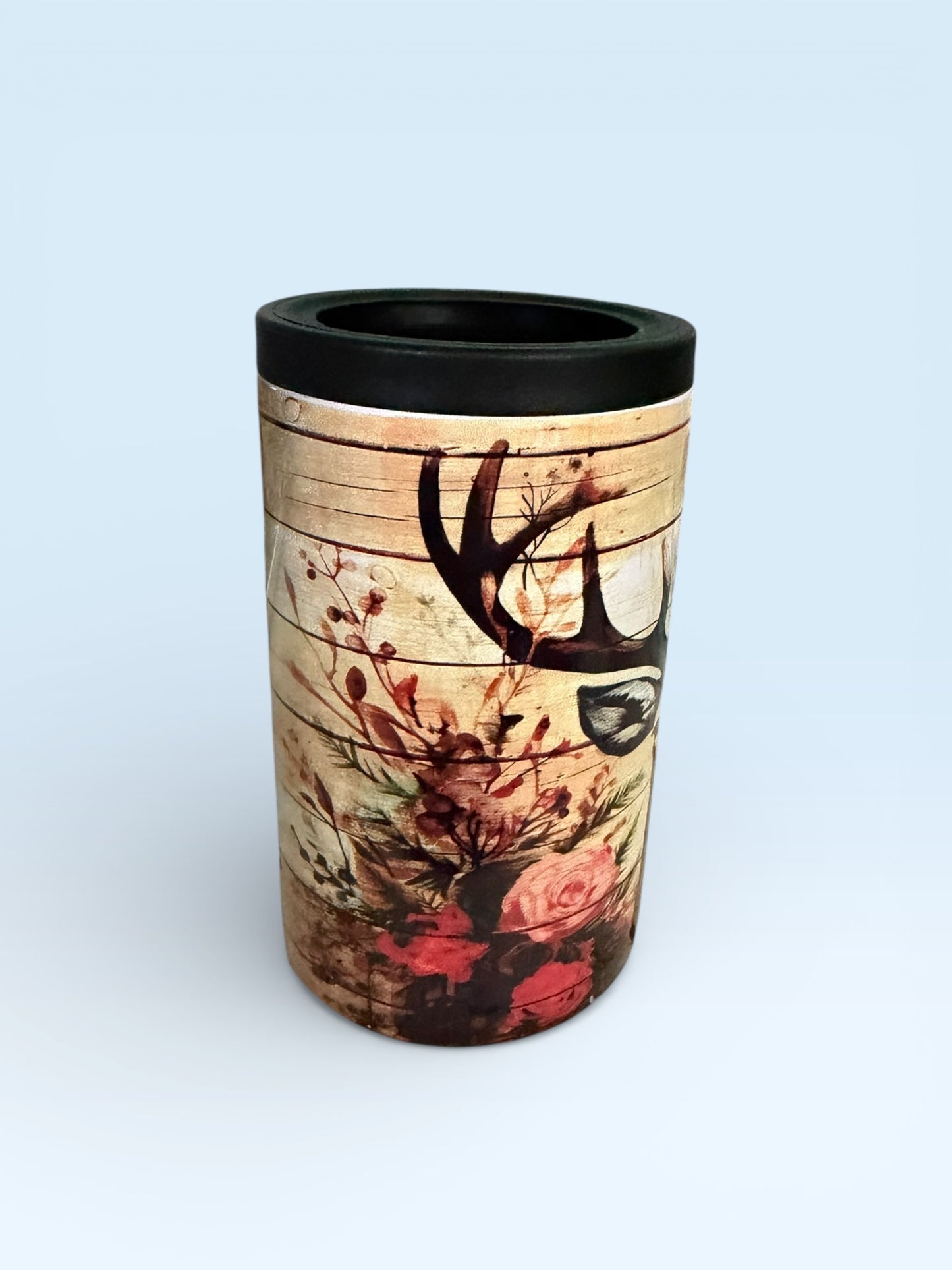 Rustic Deer and Floral Design Can Cooler, Insulated Beverage Holder with Wood Grain Pattern
