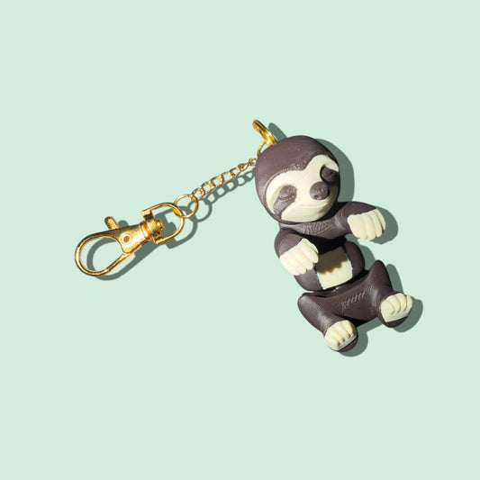 Cute Sloth Keychain Charm, Brown and Cream, Articulated Figure with Lobster Clasp