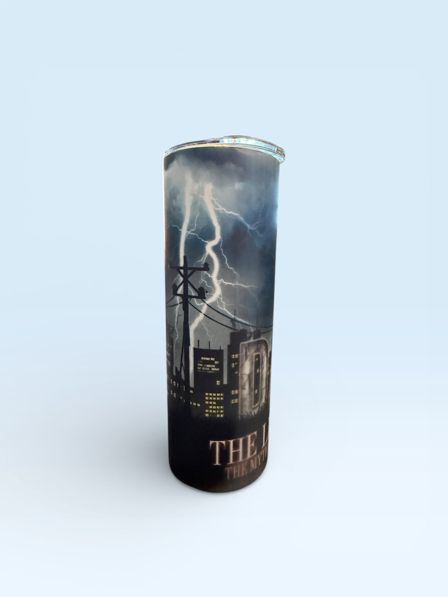 Glow-In-The-Dark Lineman Tumbler, Insulated Skinny Tumbler, Storm Lightning Design, City Skyline Theme, 20oz