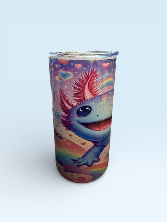 Insulated Tumbler with Cute Axolotl Design, Rainbow Hearts and Stars Theme, 12oz Capacity