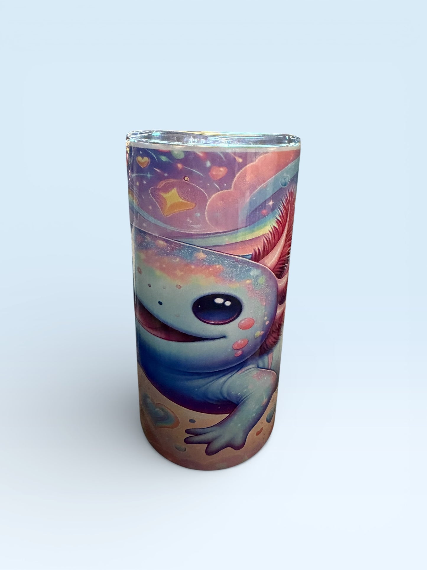 Insulated Tumbler with Cute Axolotl Design, Rainbow Hearts and Stars Theme, 12oz Capacity