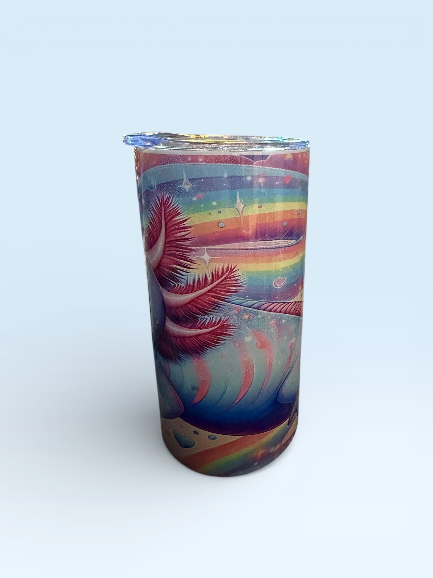 Insulated Tumbler with Cute Axolotl Design, Rainbow Hearts and Stars Theme, 12oz Capacity