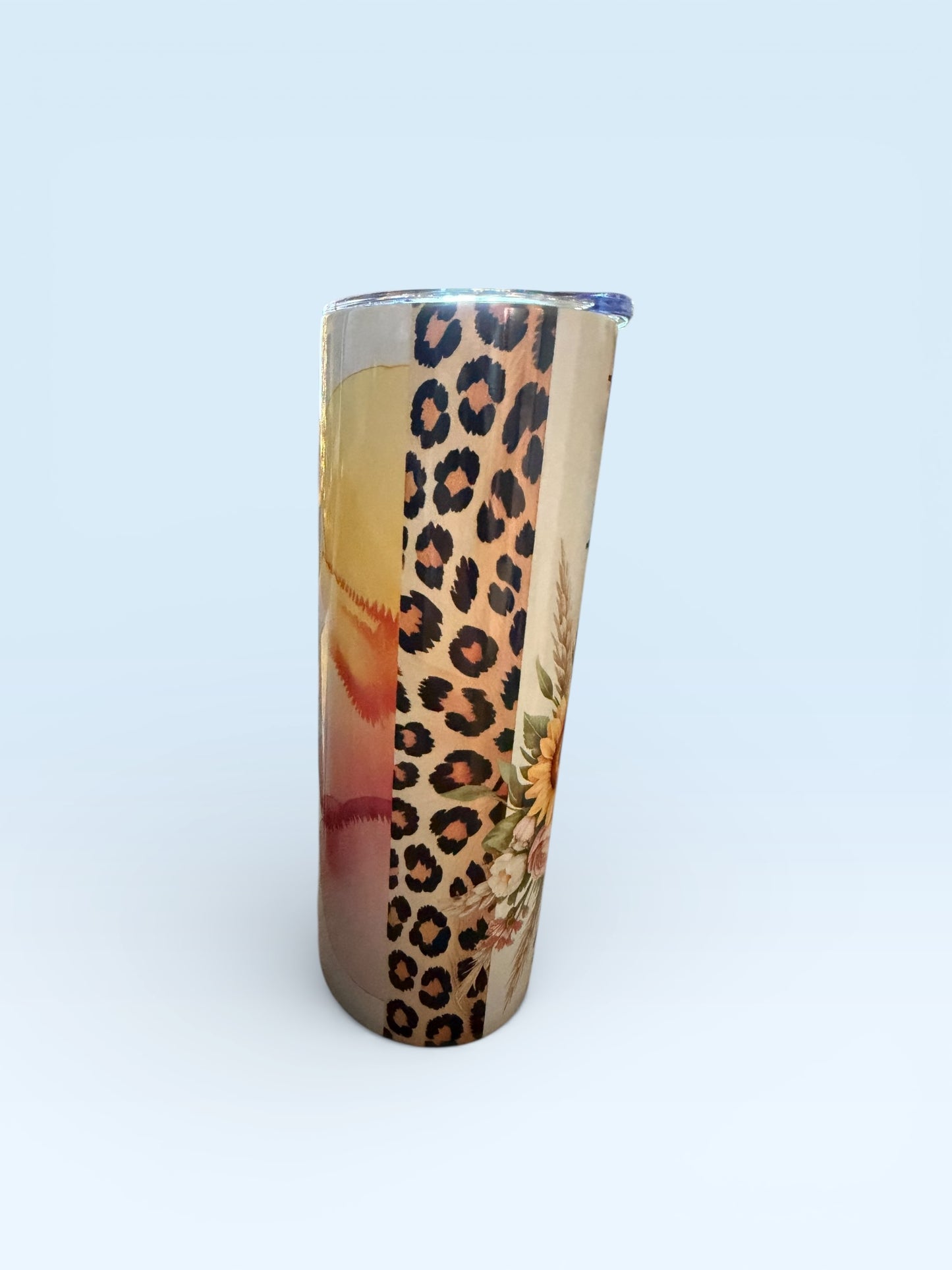Insulated Tumbler with Lid, Mama Floral Sunflower Design, Leopard Print, Gradient Tan Brown, 20oz Skinny