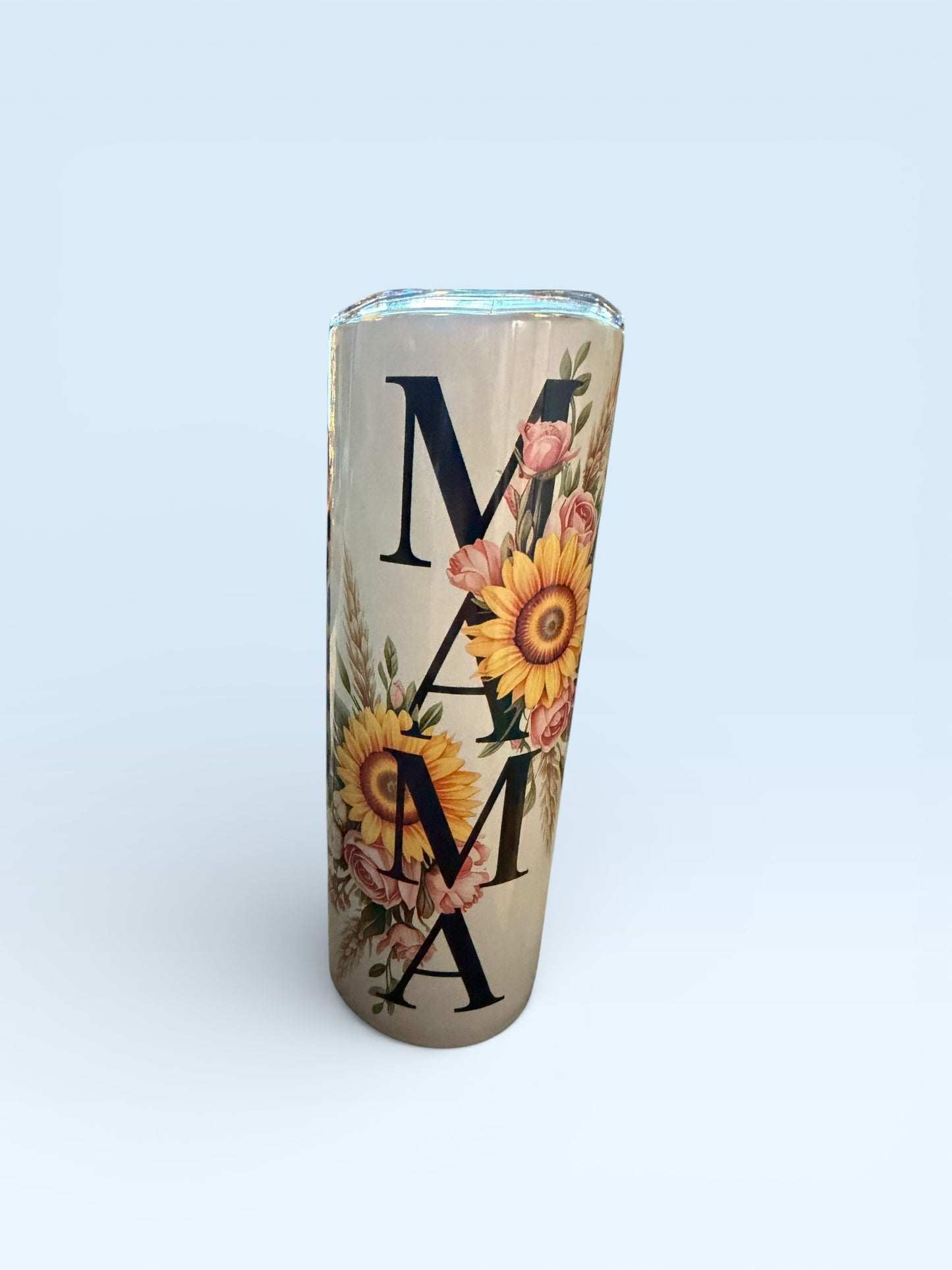 Insulated Tumbler with Lid, Mama Floral Sunflower Design, Leopard Print, Gradient Tan Brown, 20oz Skinny