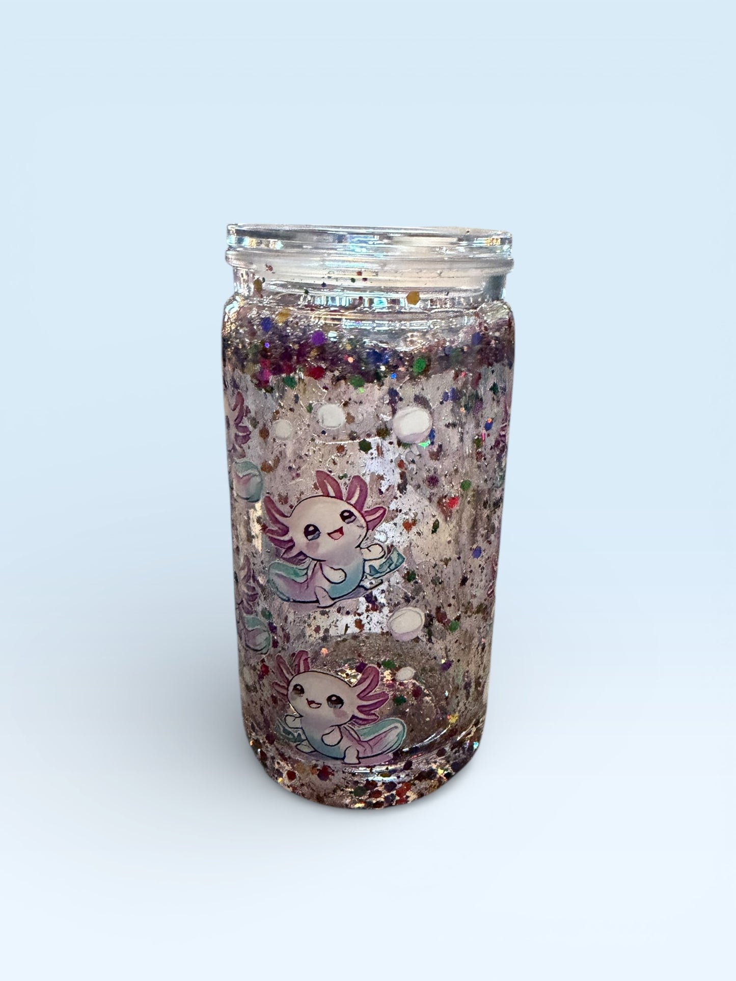 Glitter Mason Jar Cup with Cute Axolotl Design, Clear Glass with Colorful Confetti, Kawaii Theme Drinkware