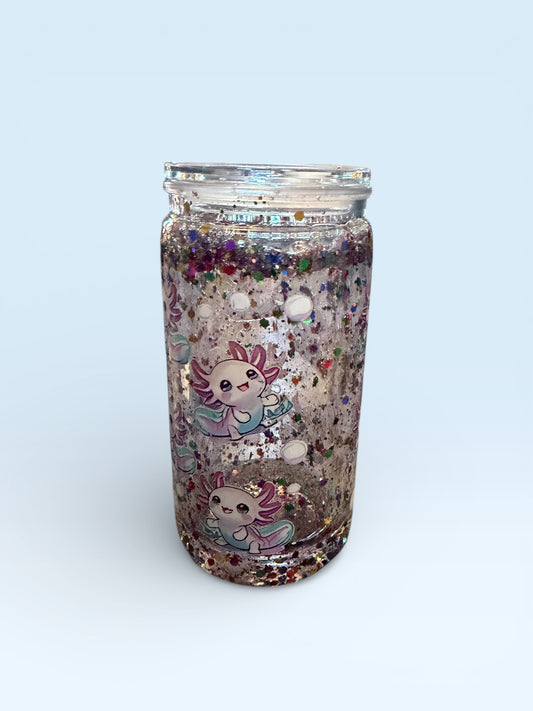 Glitter Mason Jar Cup with Cute Axolotl Design, Clear Glass with Colorful Confetti, Kawaii Theme Drinkware