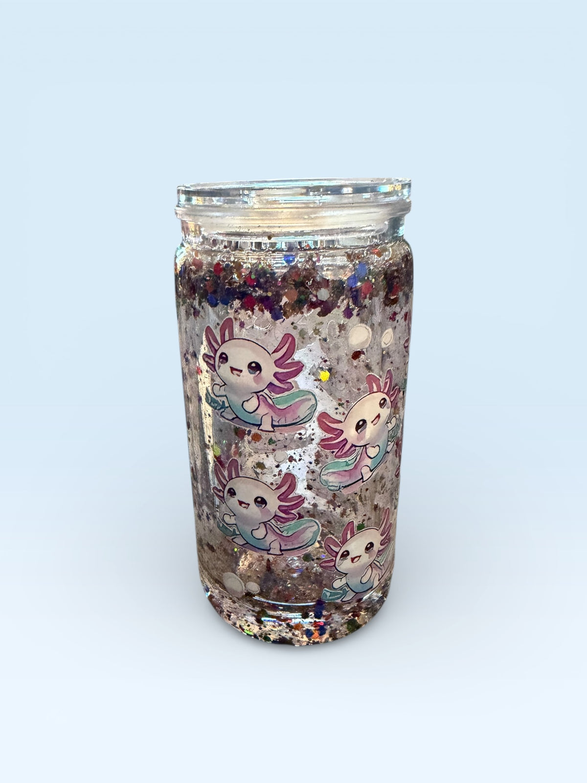 Glitter Mason Jar Cup with Cute Axolotl Design, Clear Glass with Colorful Confetti, Kawaii Theme Drinkware