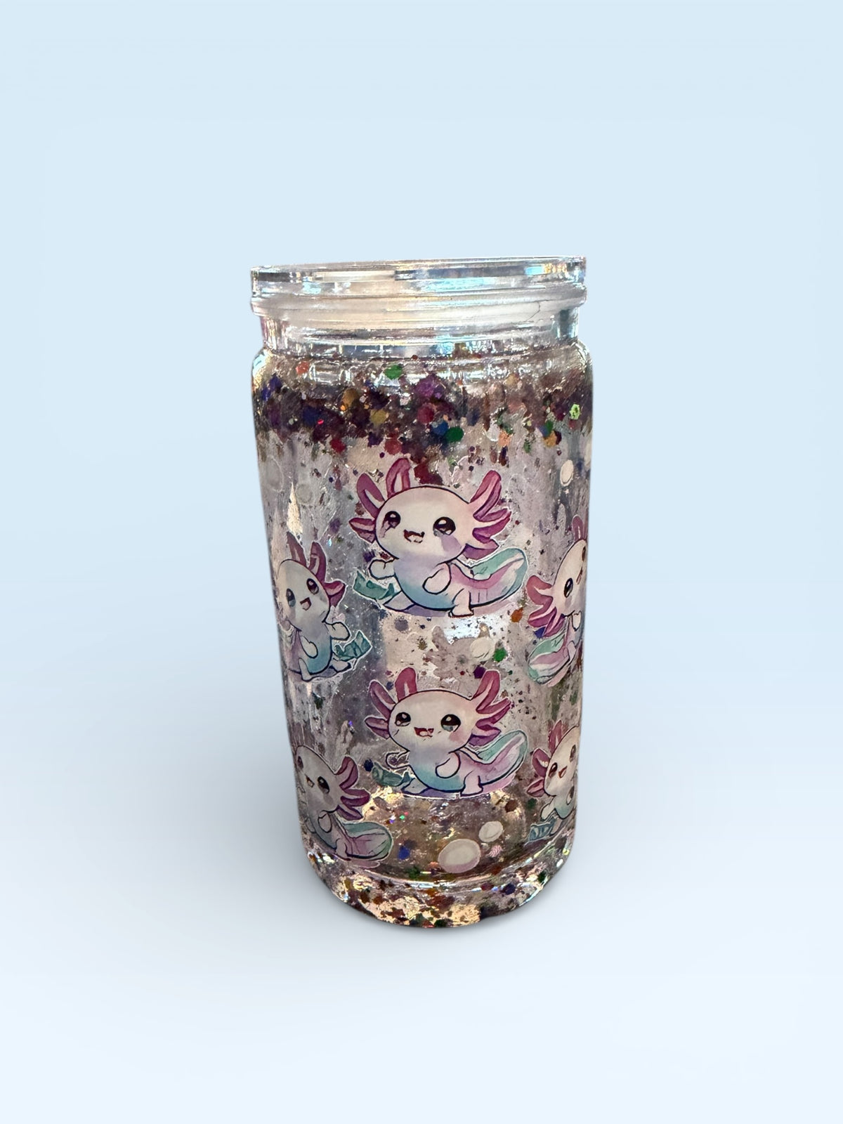 Glitter Mason Jar Cup with Cute Axolotl Design, Clear Glass with Colorful Confetti, Kawaii Theme Drinkware