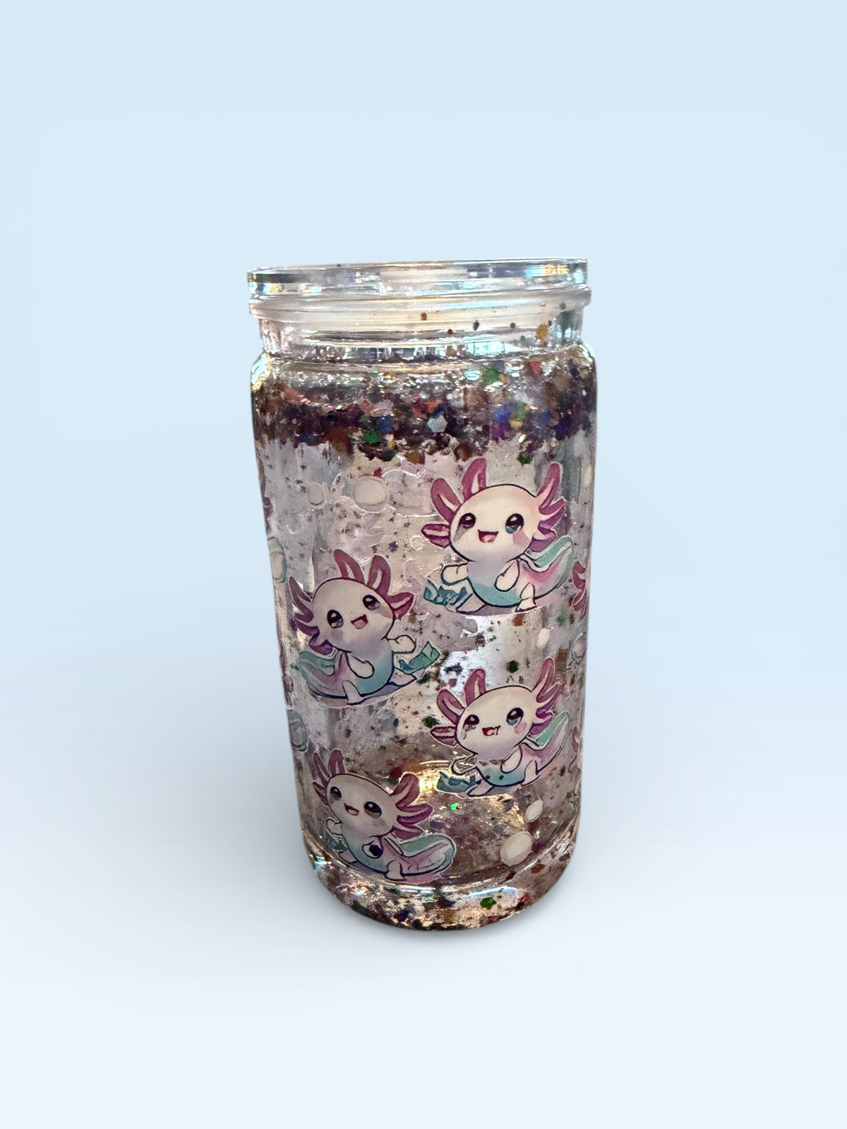 Glitter Mason Jar Cup with Cute Axolotl Design, Clear Glass with Colorful Confetti, Kawaii Theme Drinkware
