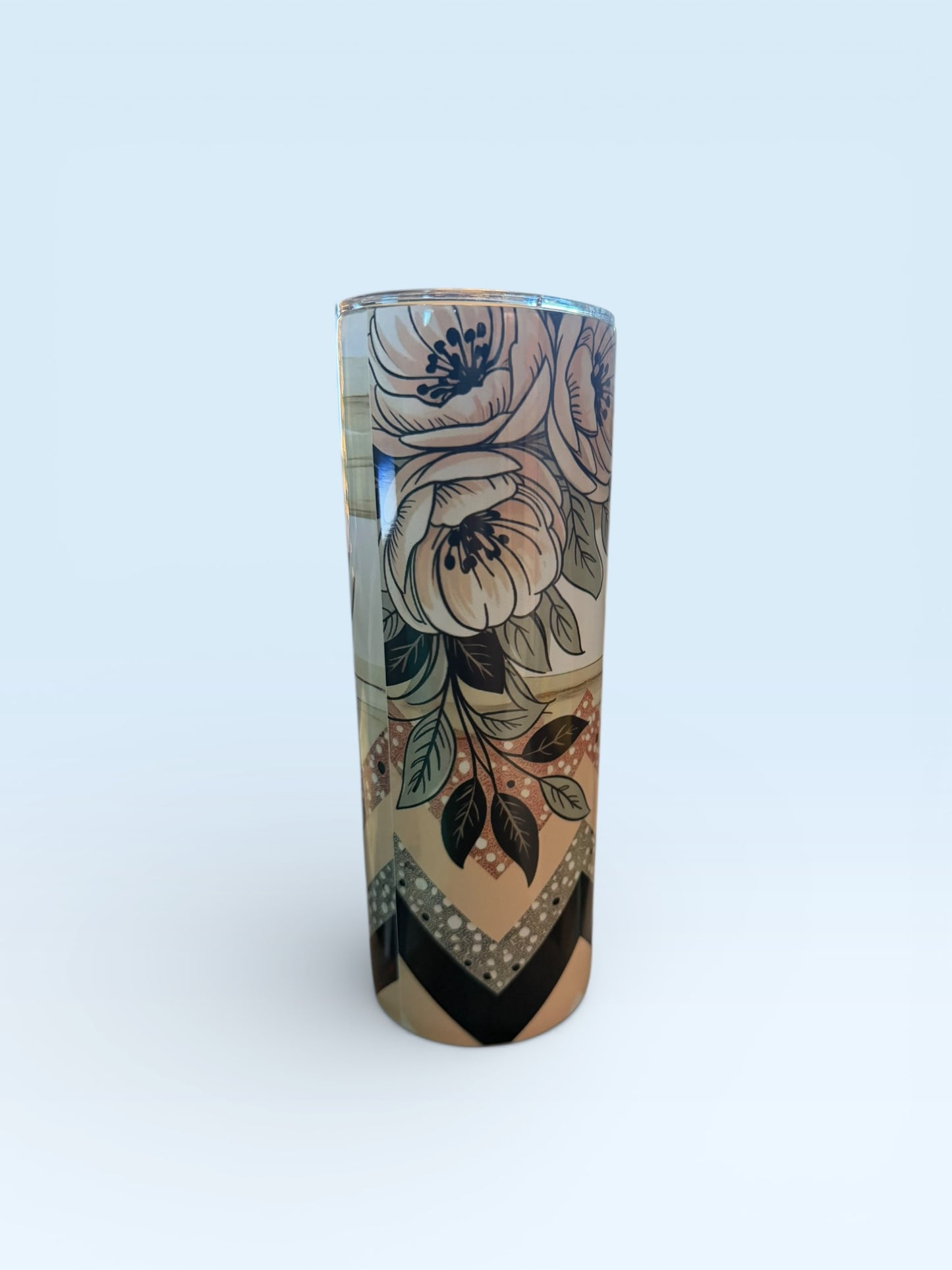 Insulated Tumbler with Floral Design, Teacher Theme, Chevron Pattern, Glitter Accent, Skinny Travel Cup with Lid
