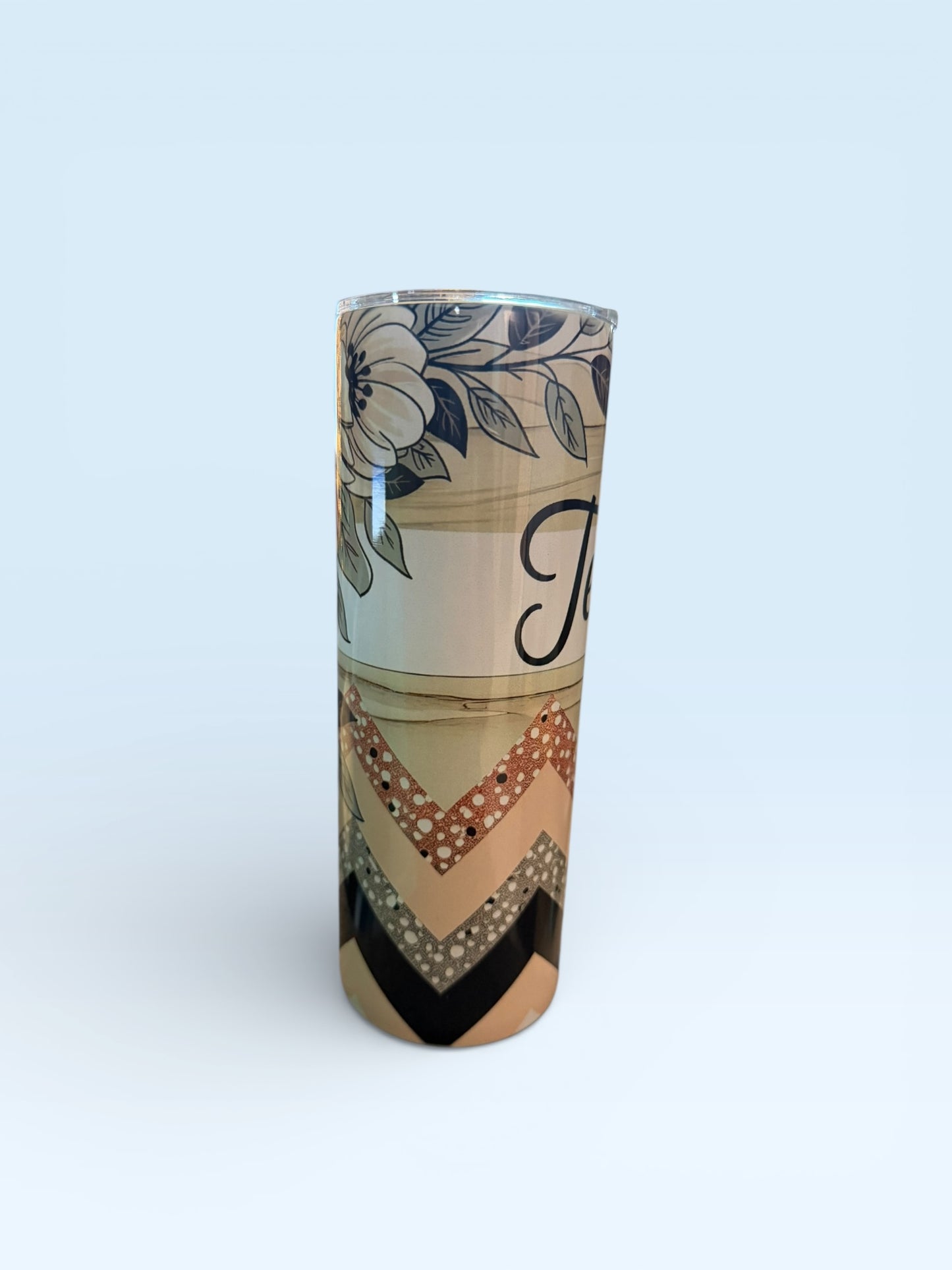 Insulated Tumbler with Floral Design, Teacher Theme, Chevron Pattern, Glitter Accent, Skinny Travel Cup with Lid