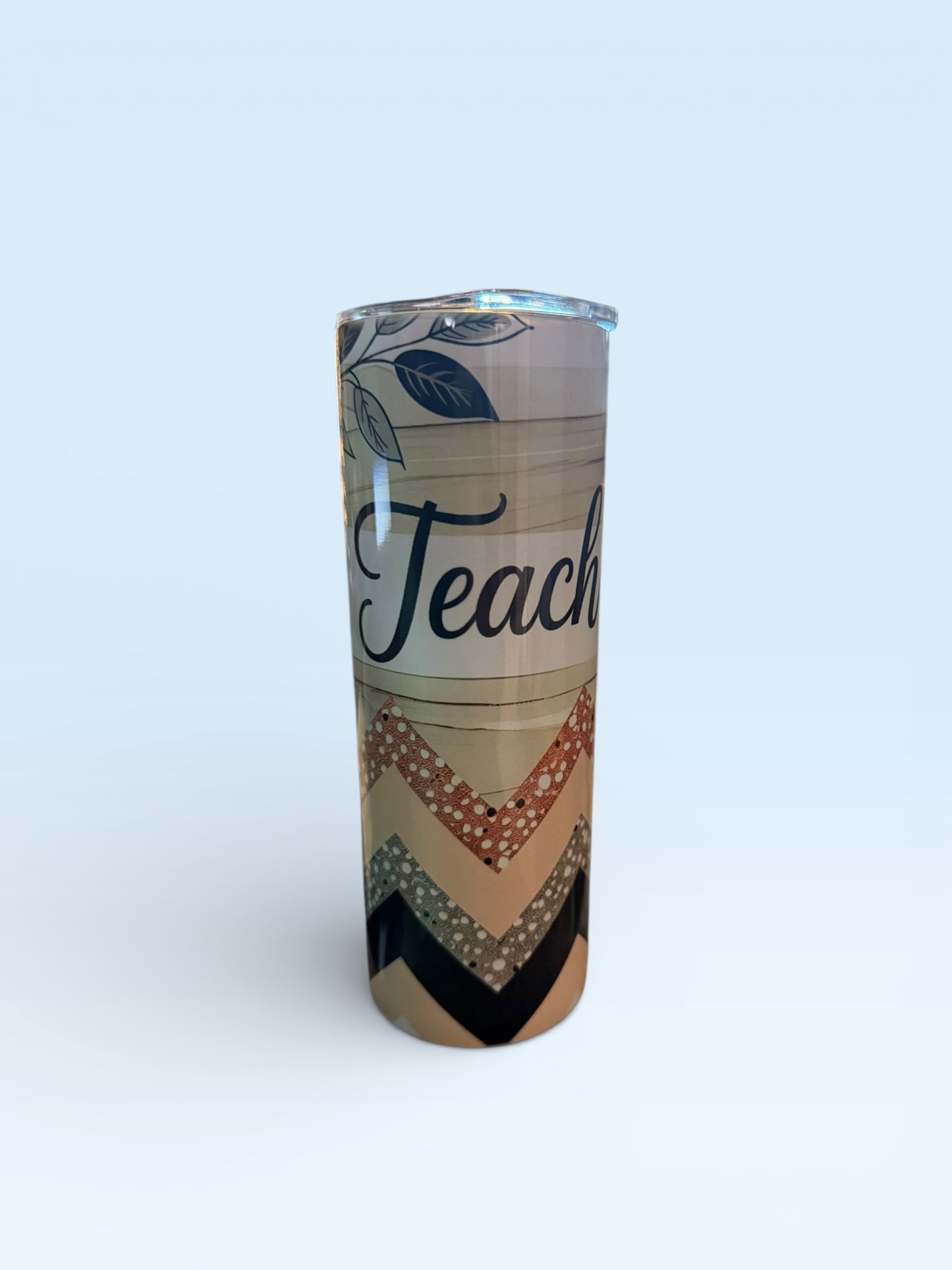 Insulated Tumbler with Floral Design, Teacher Theme, Chevron Pattern, Glitter Accent, Skinny Travel Cup with Lid