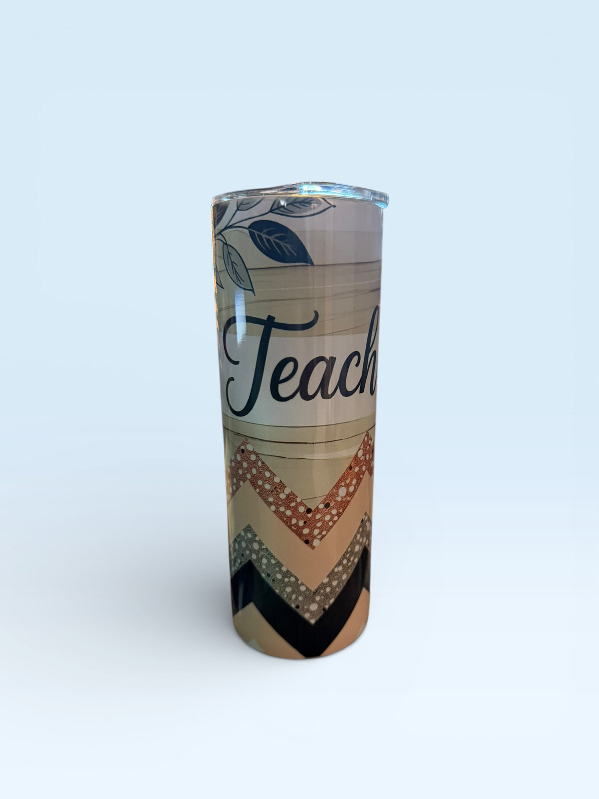 Teacher Tumbler with Floral Design, Skinny Insulated Travel Cup, Glitter Chevron Pattern