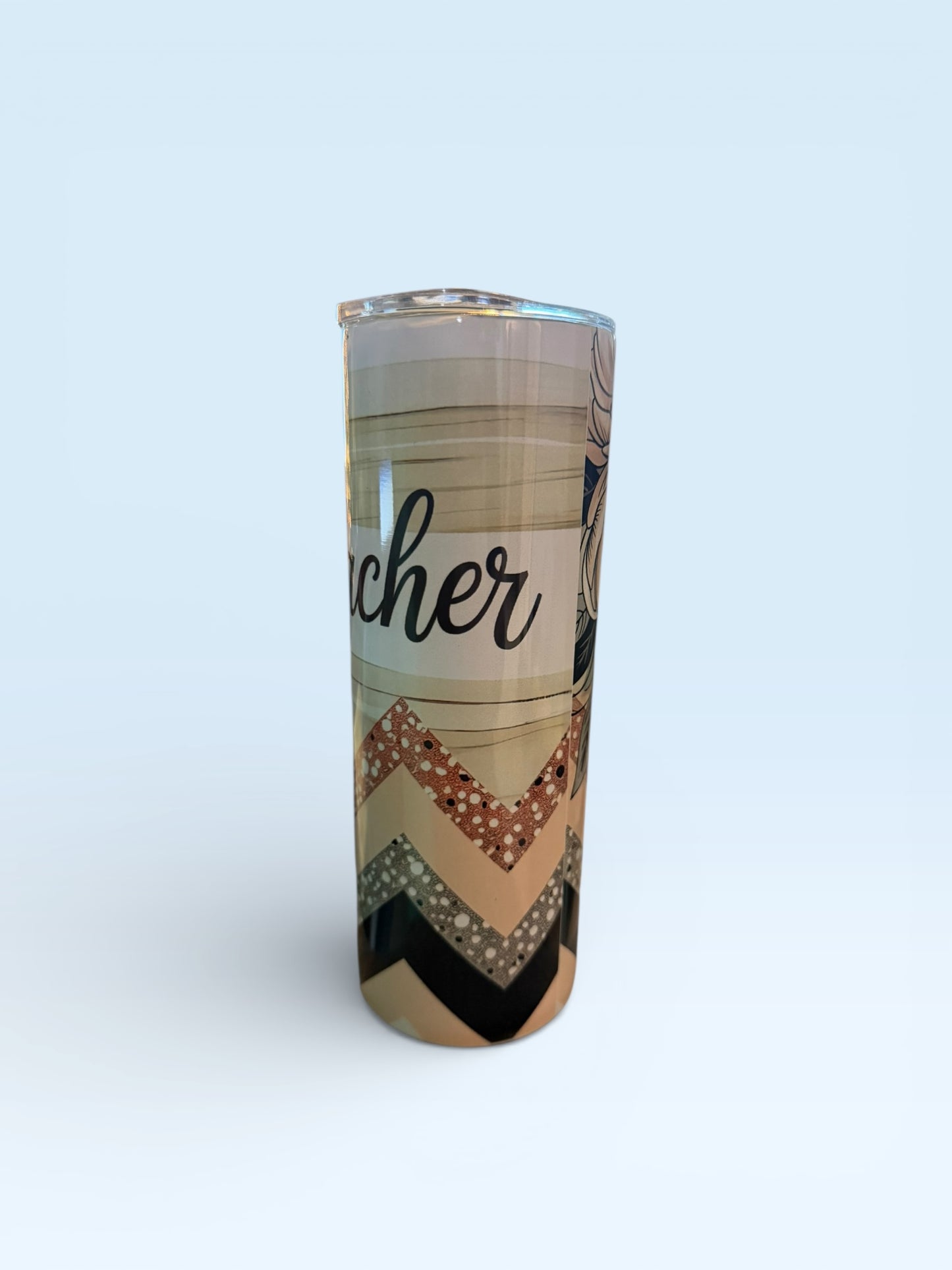Teacher Tumbler with Floral Design, Skinny Insulated Travel Cup, Glitter Chevron Pattern
