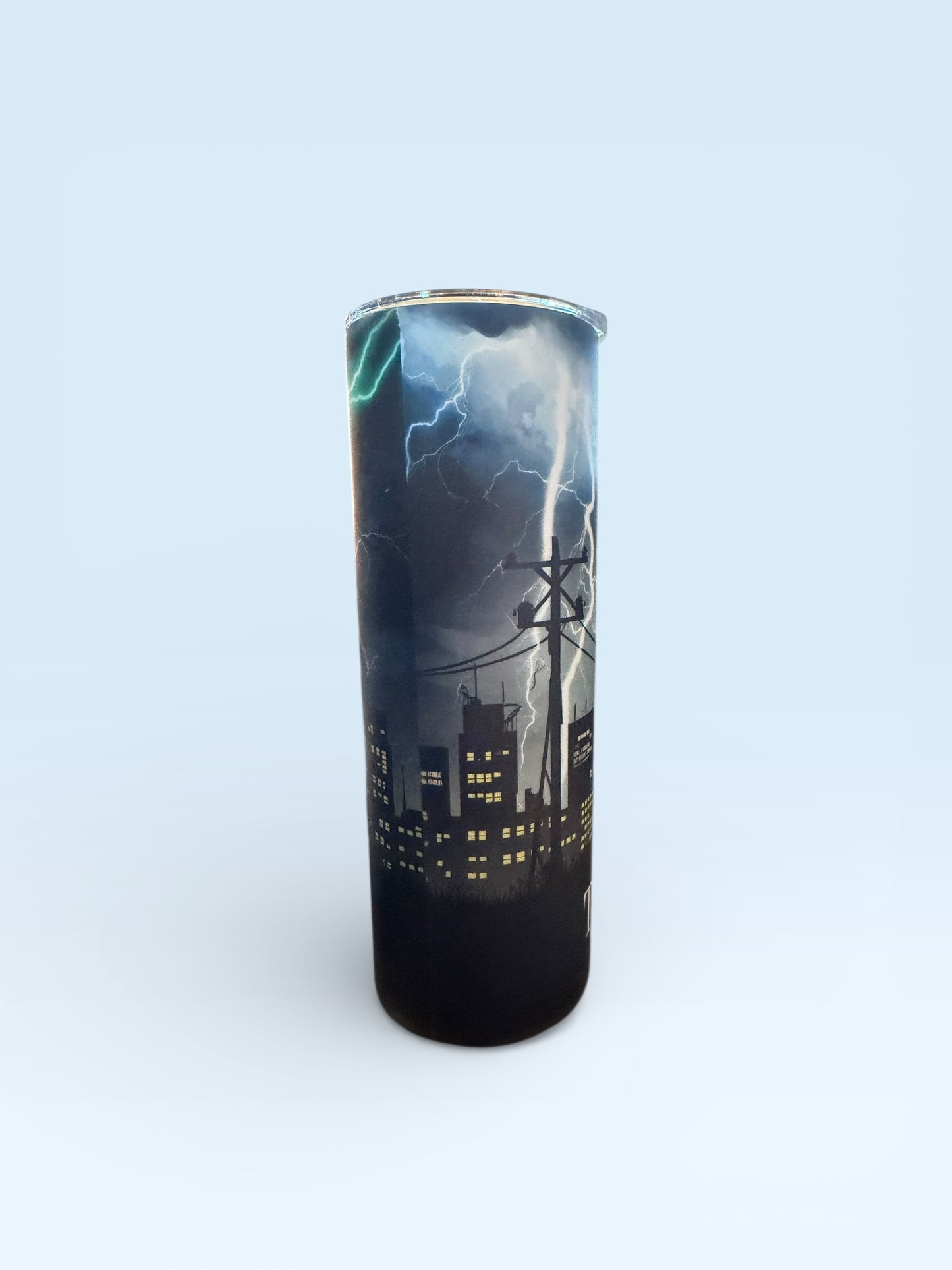 Glow-In-The-Dark Lineman Tumbler, Insulated Skinny Tumbler, Storm Lightning Design, City Skyline Theme, 20oz