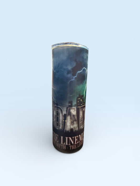 Glow-In-The-Dark Lineman Tumbler, Insulated Skinny Tumbler, Storm Lightning Design, City Skyline Theme, 20oz