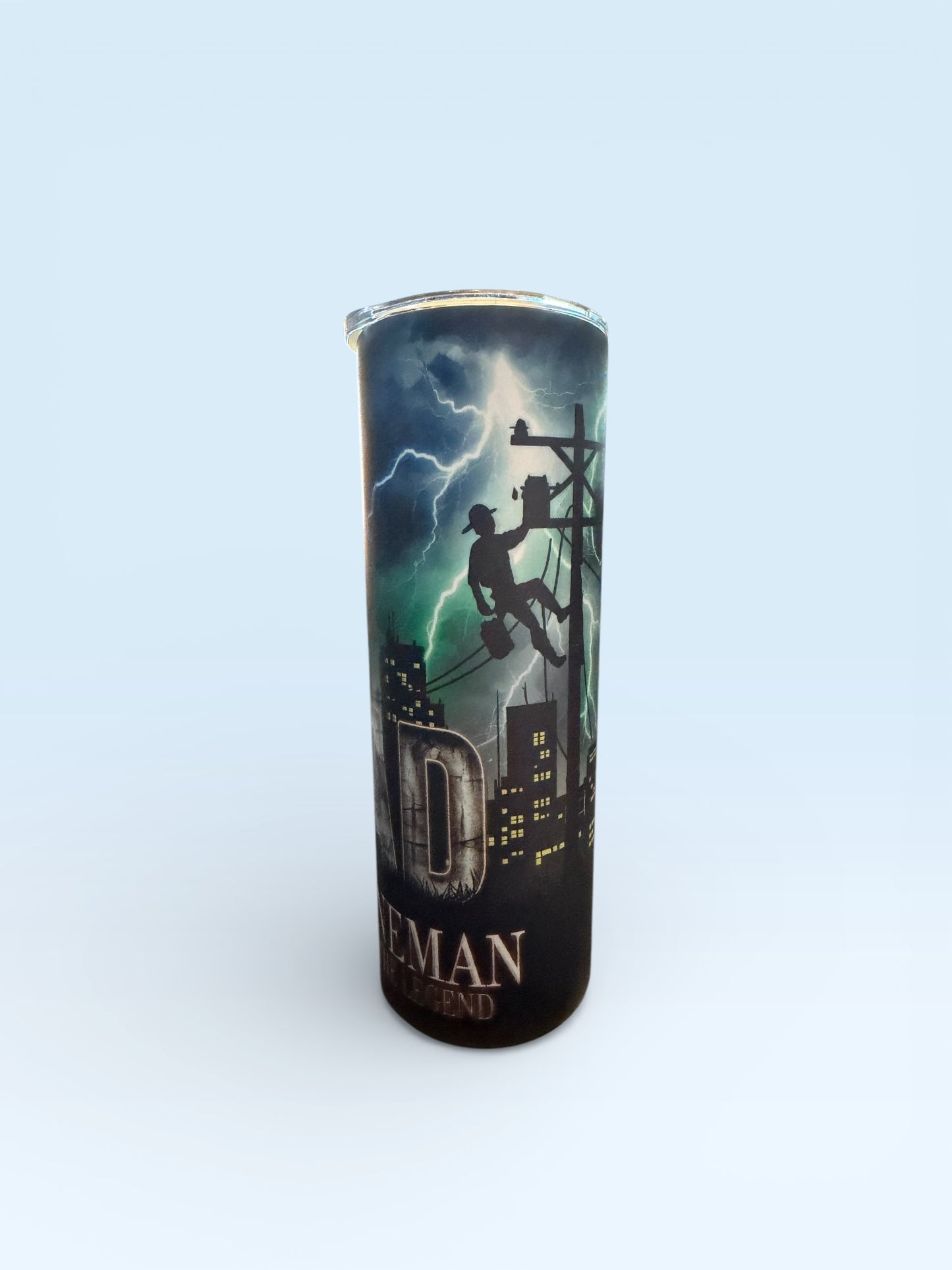 Glow-In-The-Dark Lineman Tumbler, Insulated Skinny Tumbler, Storm Lightning Design, City Skyline Theme, 20oz