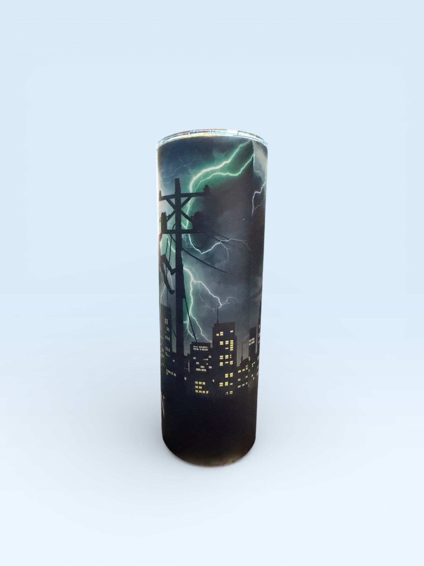 Glow-In-The-Dark Lineman Tumbler, Insulated Skinny Tumbler, Storm Lightning Design, City Skyline Theme, 20oz
