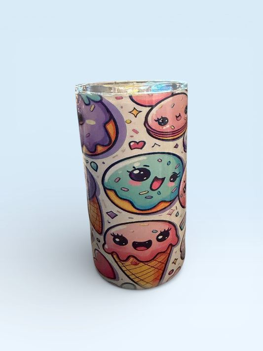 Cute Kawaii Food Pattern Tumbler, 12oz Insulated Drinkware with Ice Cream Donuts Pizza Design